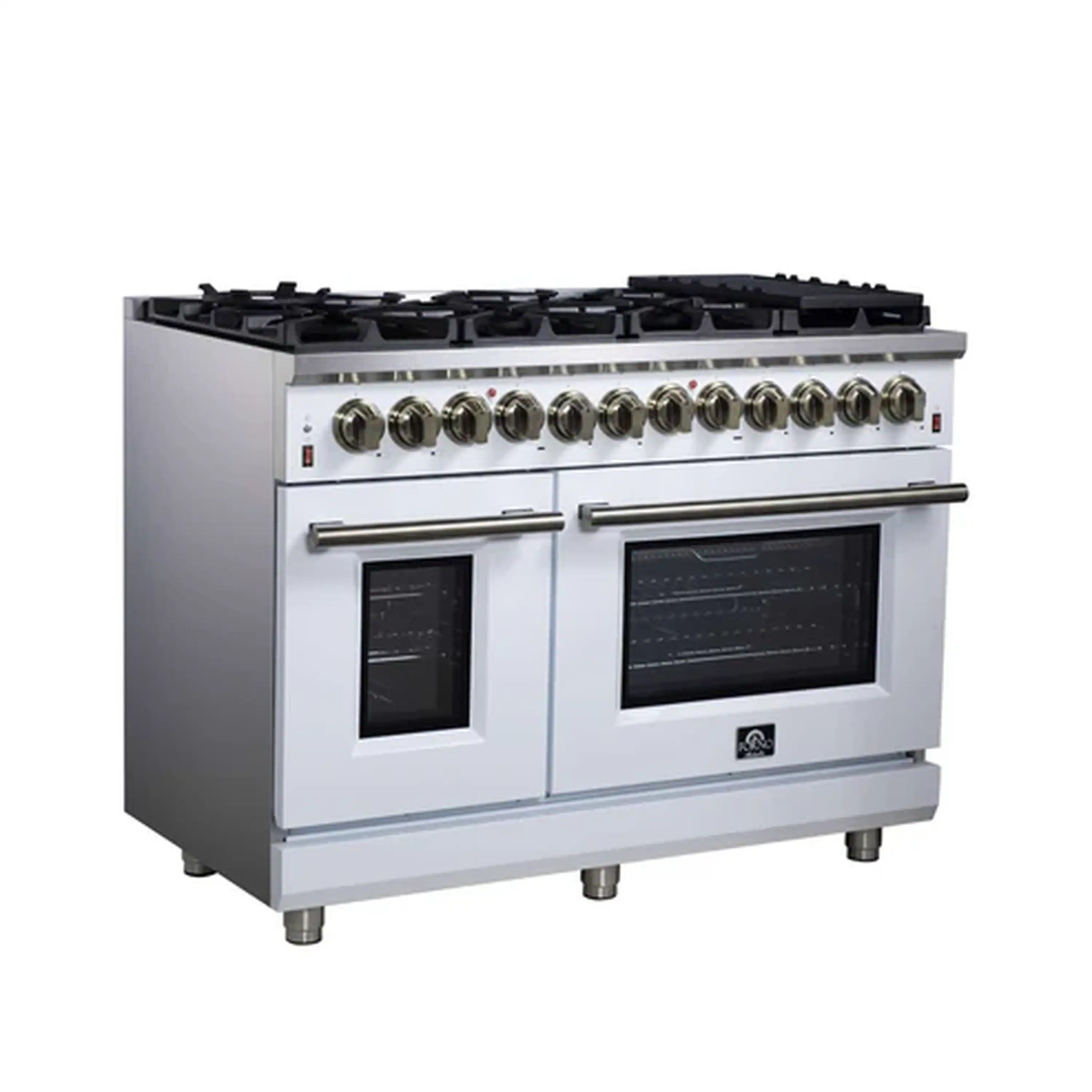 White freestanding dual fuel range with antique brass control knobs and two closed oven doors