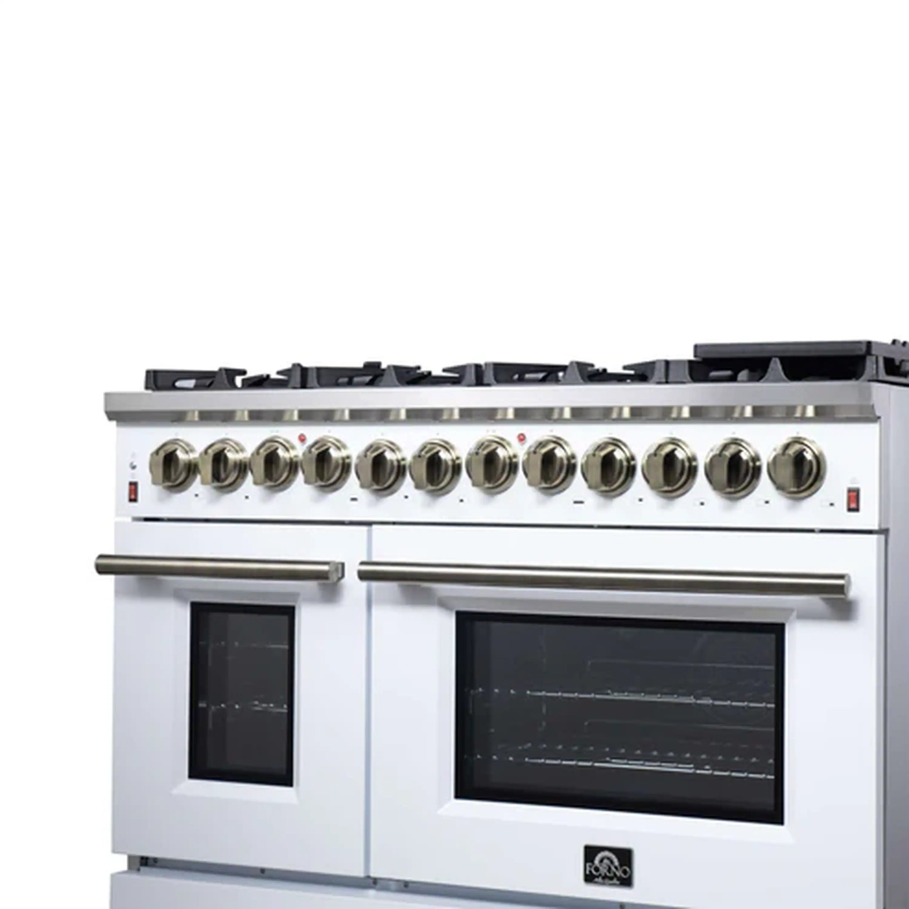 Freestanding dual fuel range in white with antique brass knobs and black griddle surface
