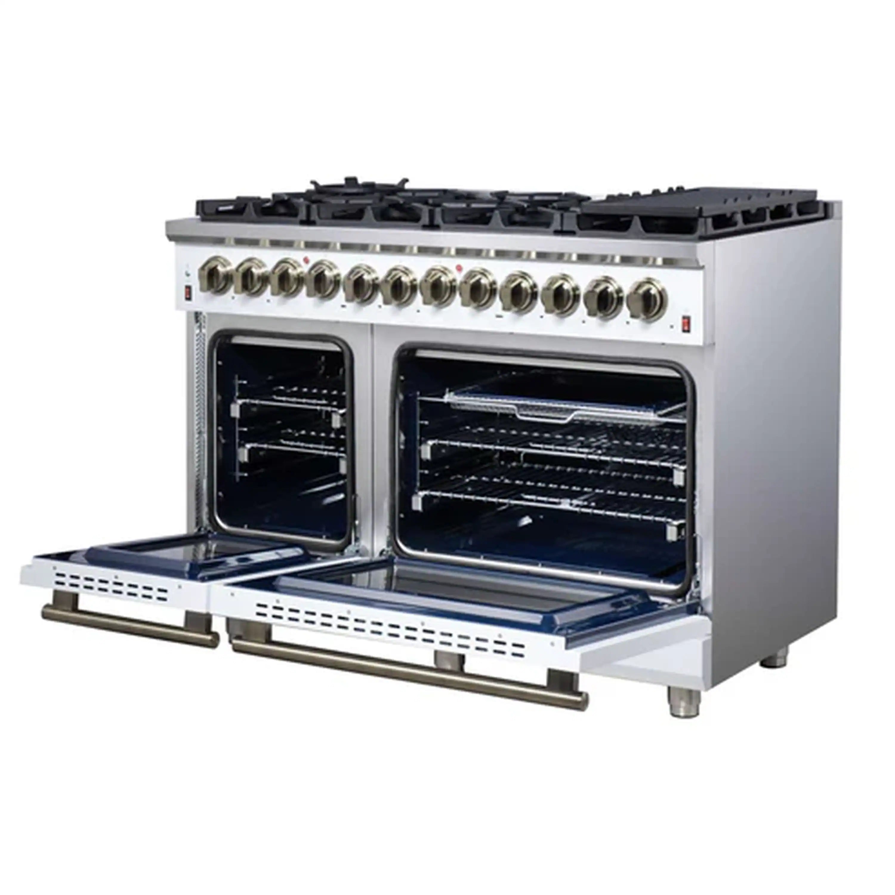 Freestanding dual fuel range with two open ovens, burner knobs, and brass trim