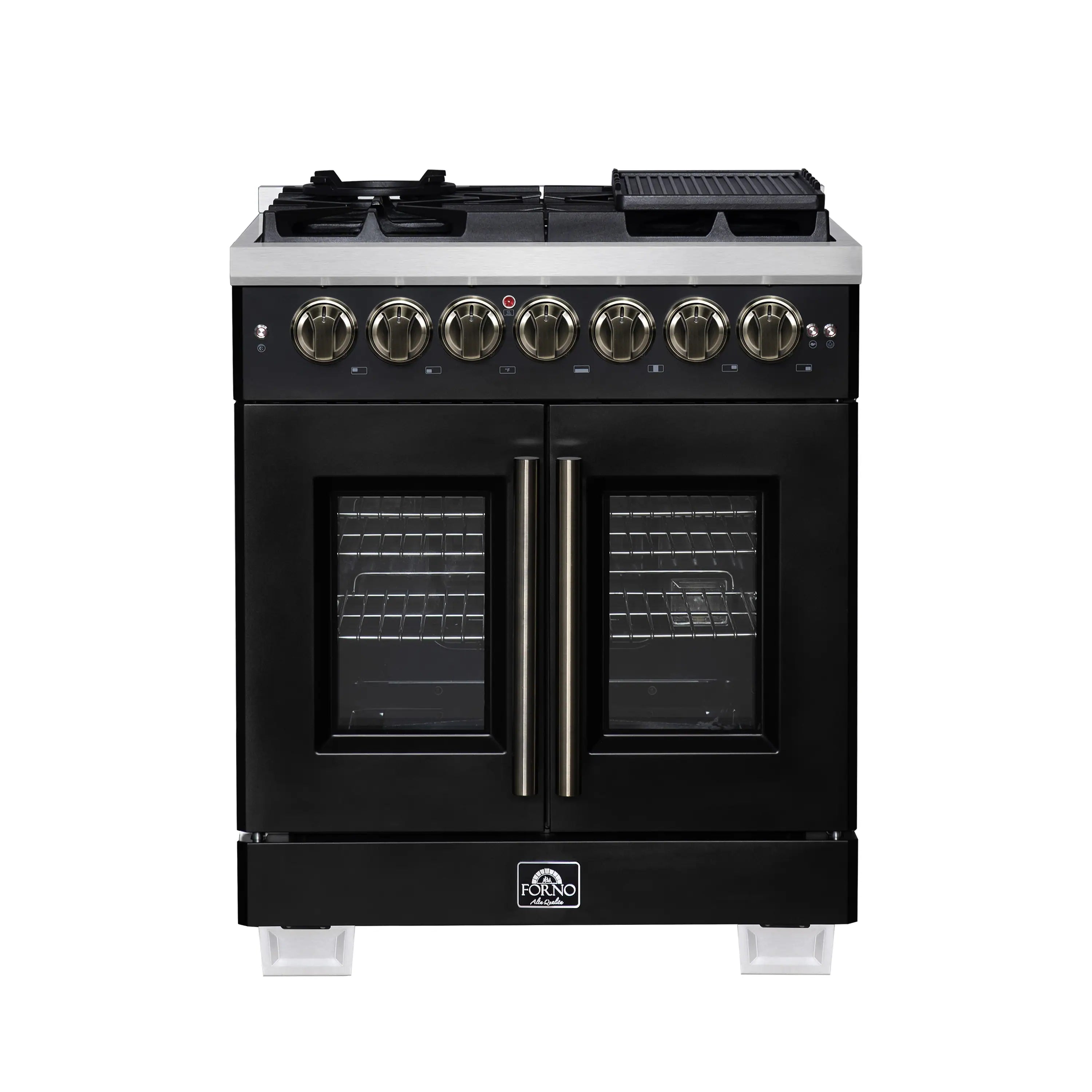 Black dual-fuel range with French doors, antique brass handles, and burner controls