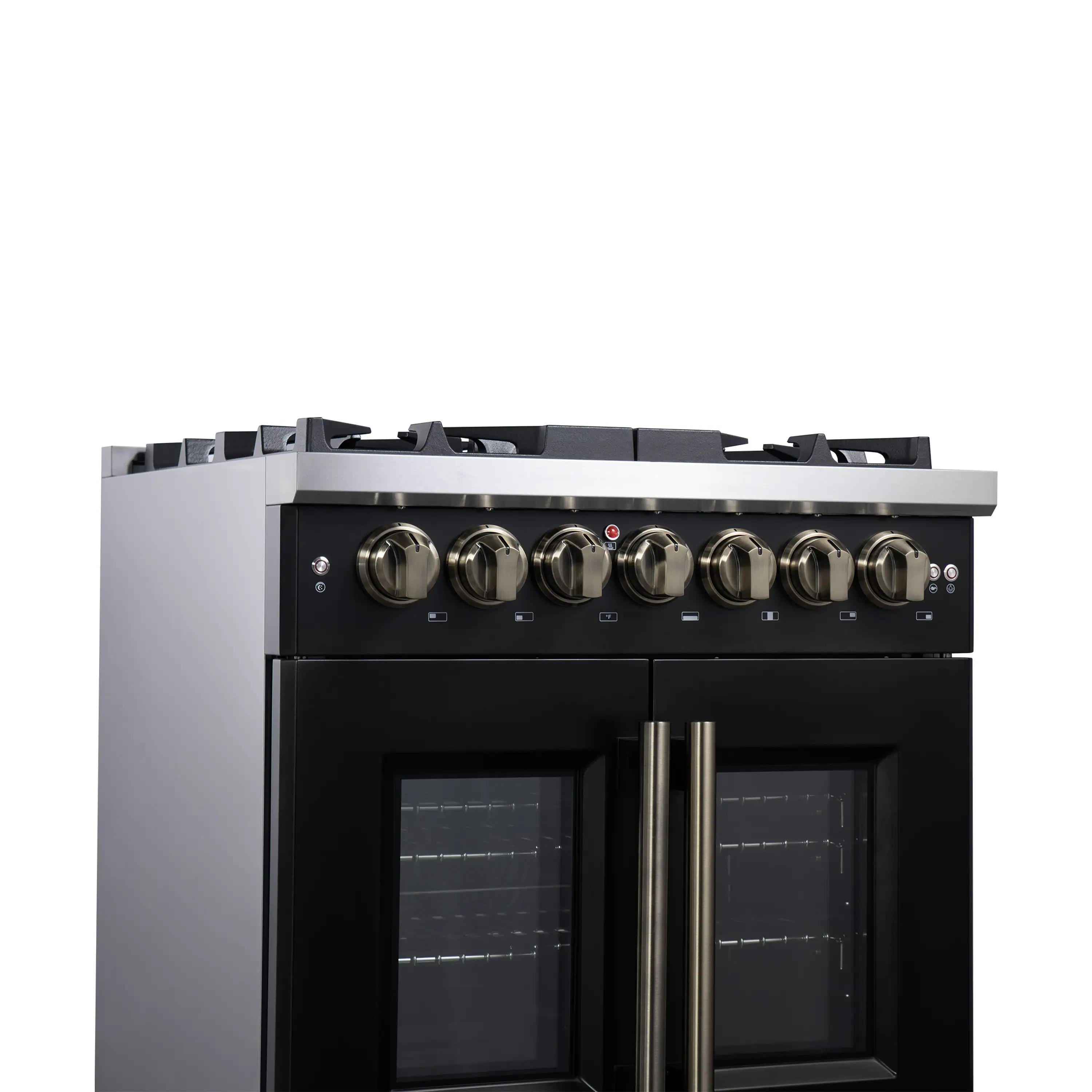 Black dual fuel range front view with antique brass knobs and French door handles