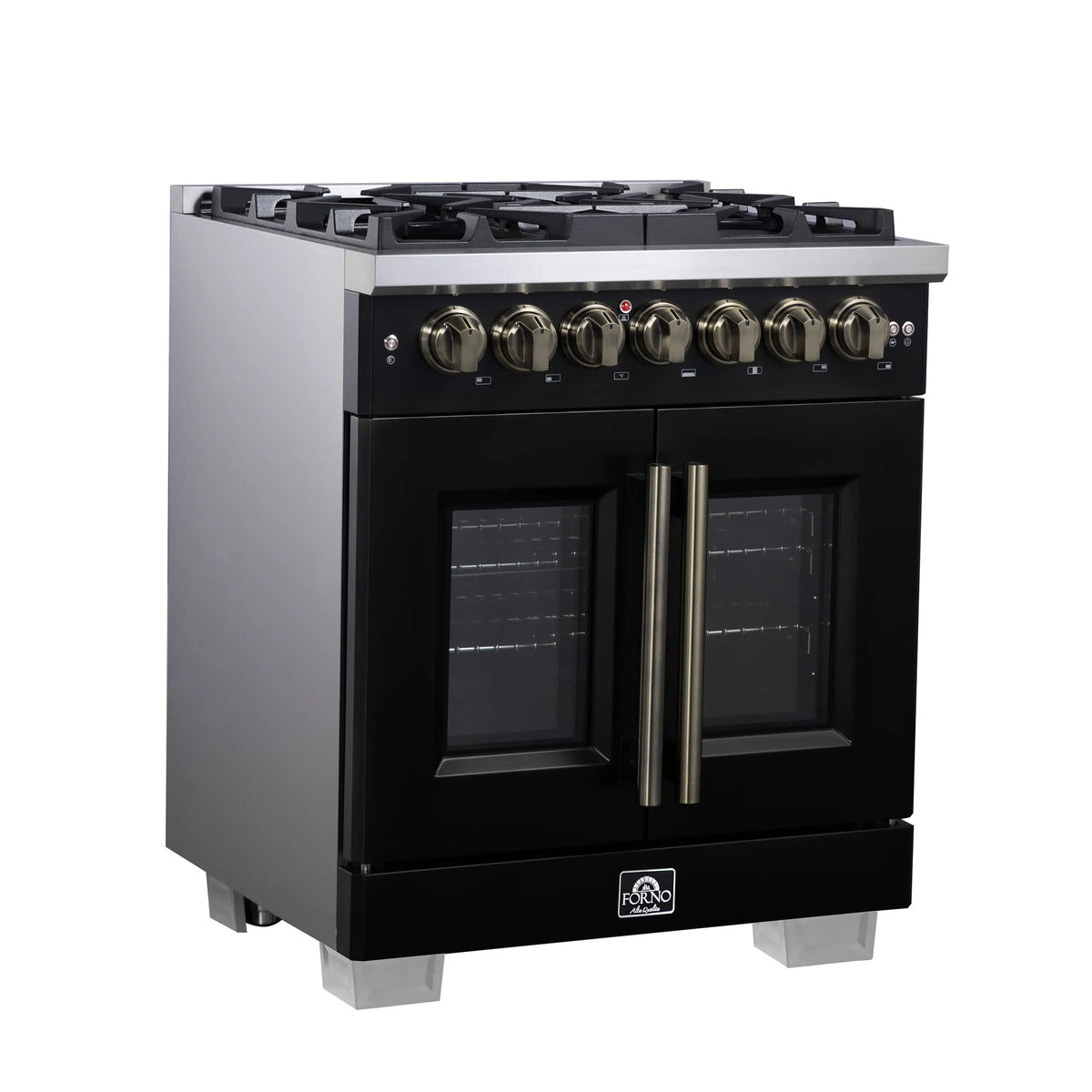Black freestanding dual fuel range with French doors, antique brass handles, and control knobs