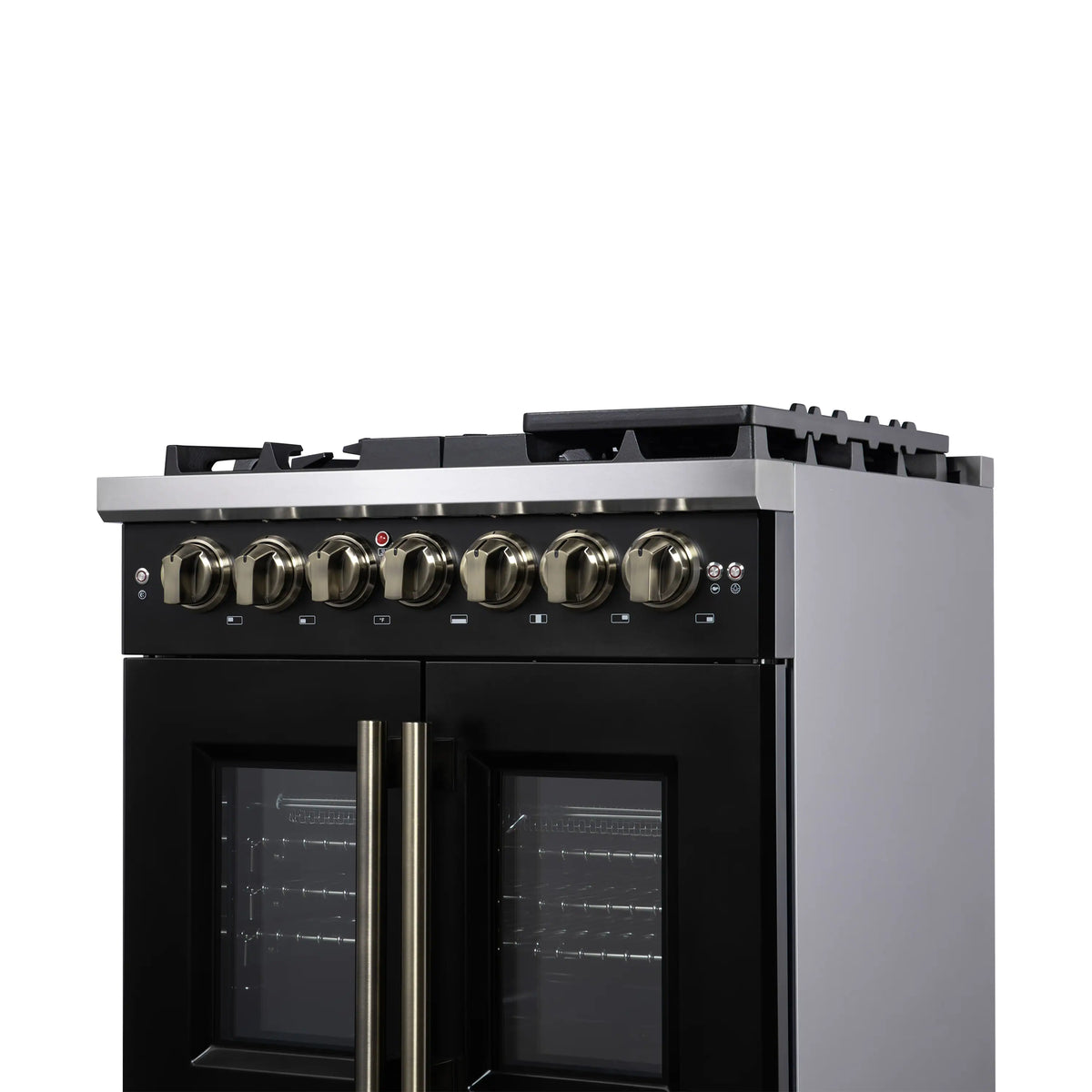 Black range with control knobs, two oven doors, and tall antique brass handle