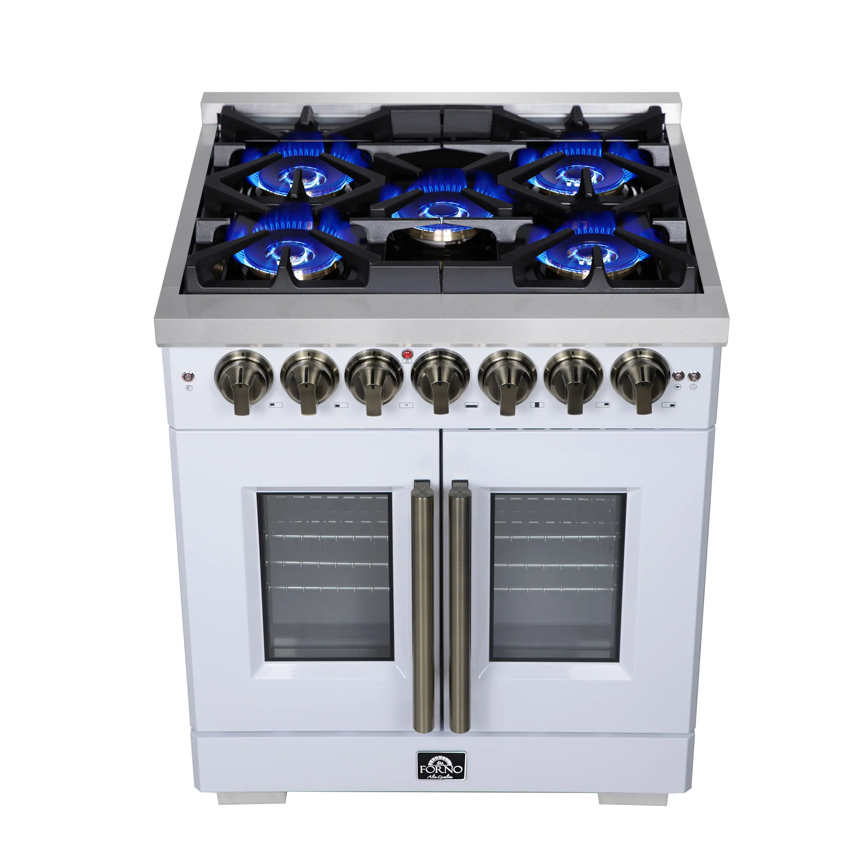 White freestanding dual fuel range with French doors, center brass handle, six blue burners