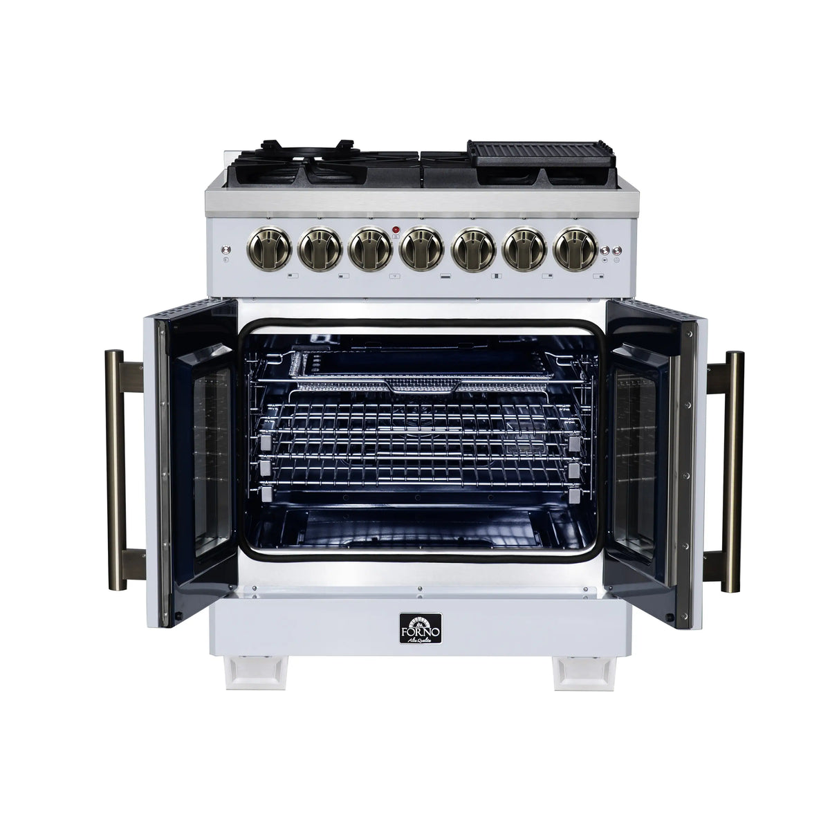 White dual fuel range with open oven and wire racks, brass side handles.