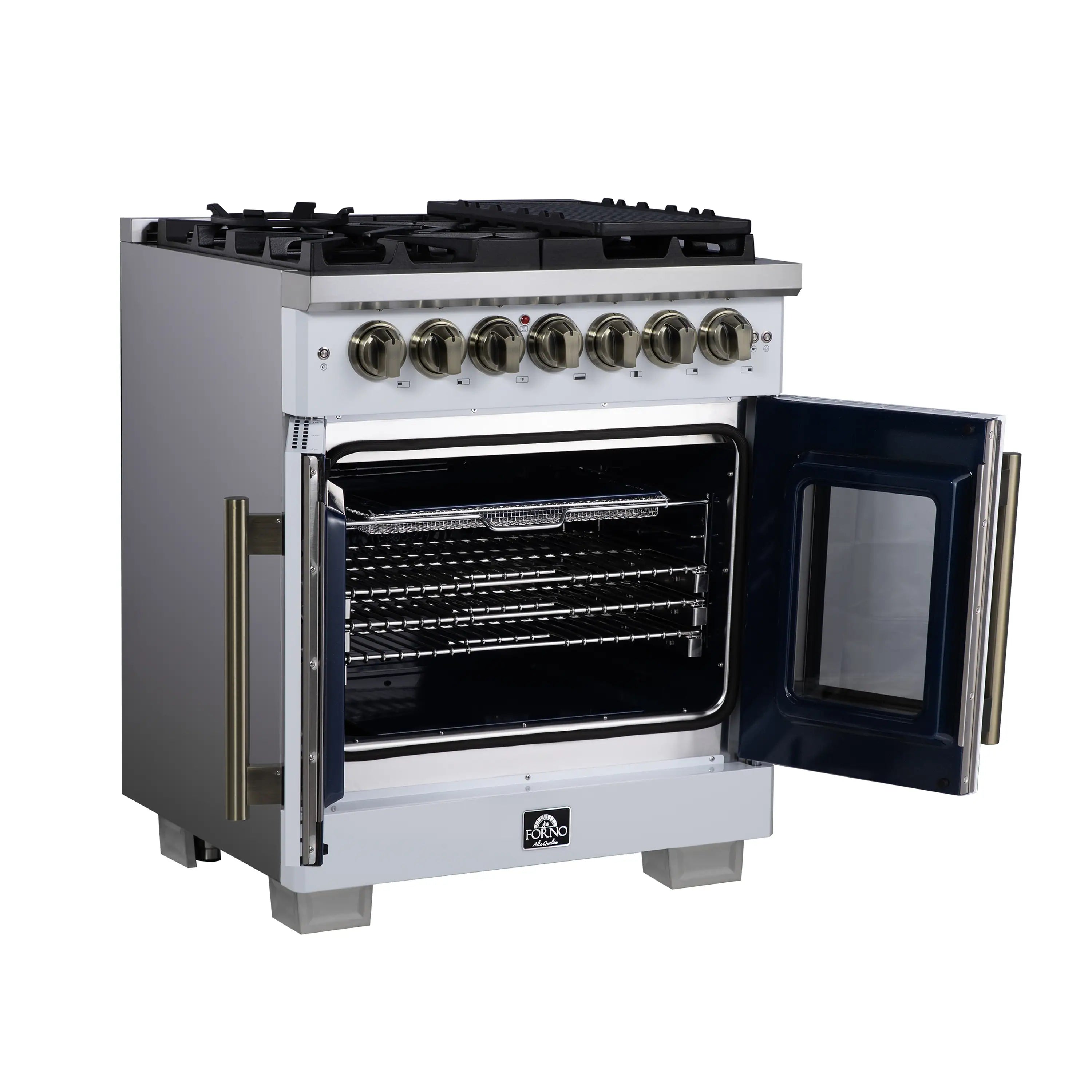 White dual fuel range with open oven and two side doors, brass vertical handle.