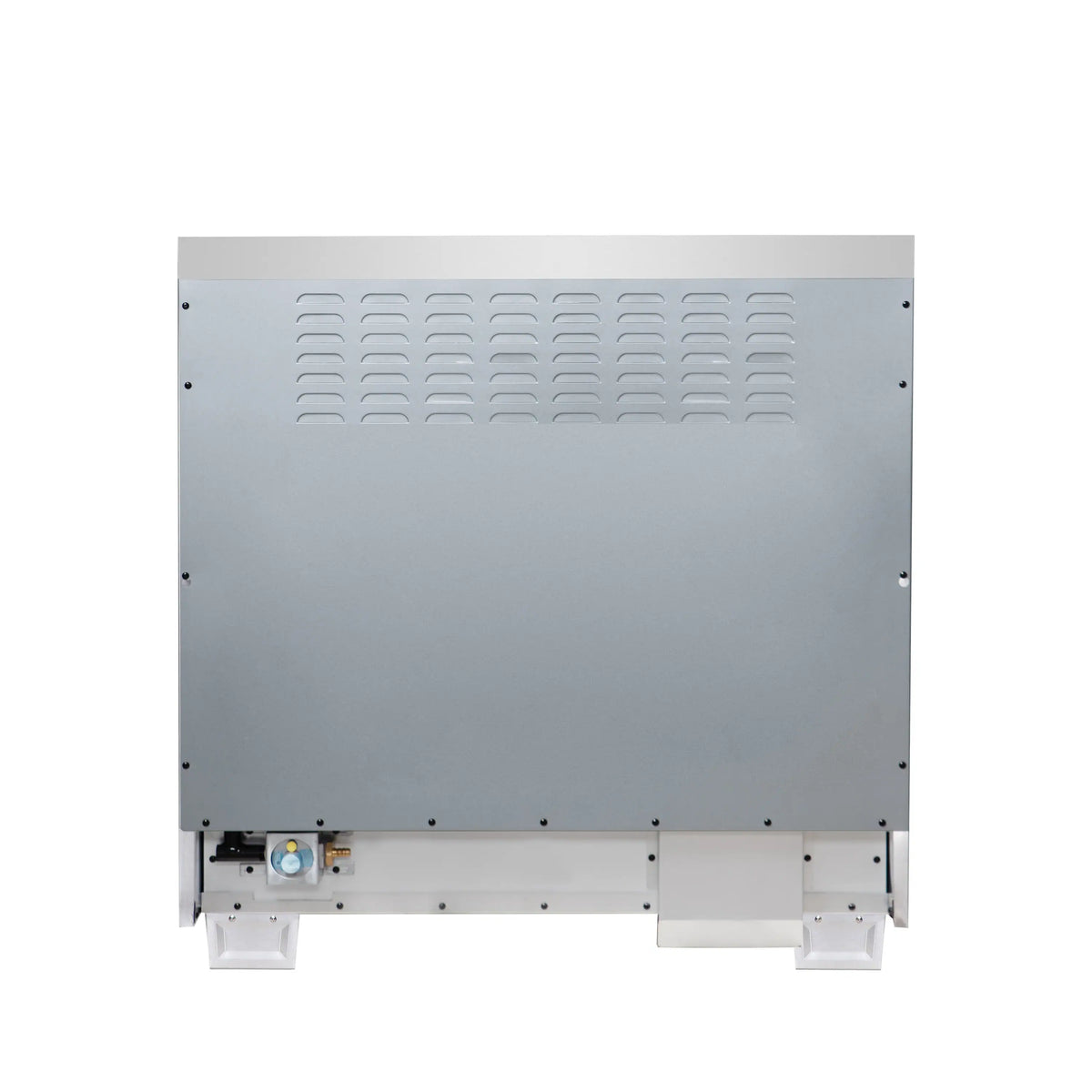 Underside view of dual fuel freestanding range with metal ventilation panel