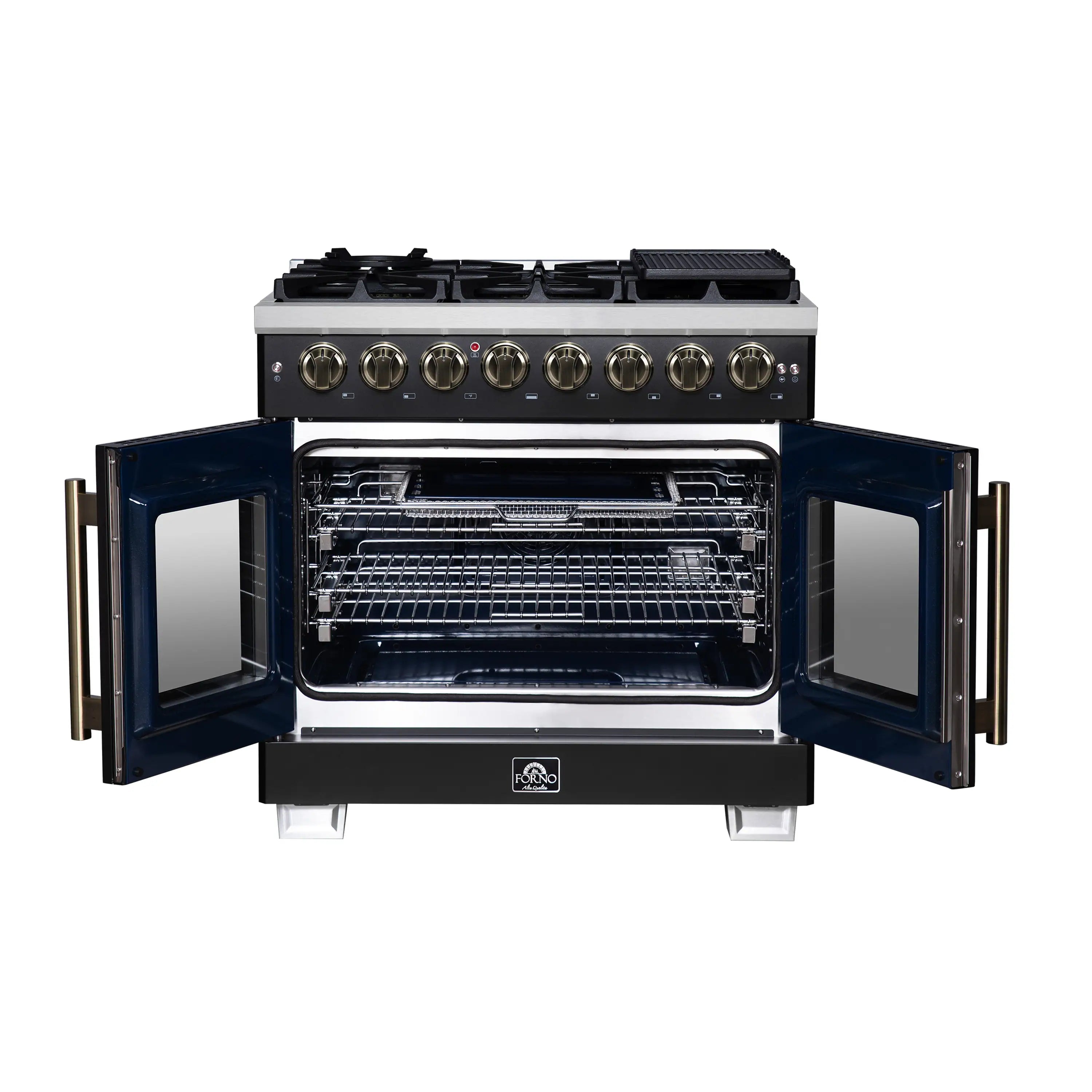 Freestanding dual fuel range with oven door open showing wire racks and interior