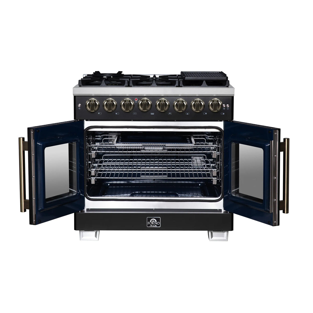 Freestanding dual fuel range with oven door open showing wire racks and interior