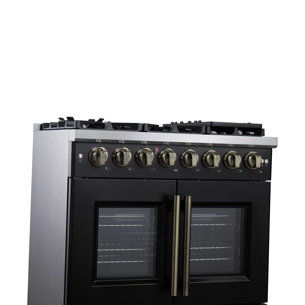 Black dual fuel freestanding range with two glass oven doors and brass knobs