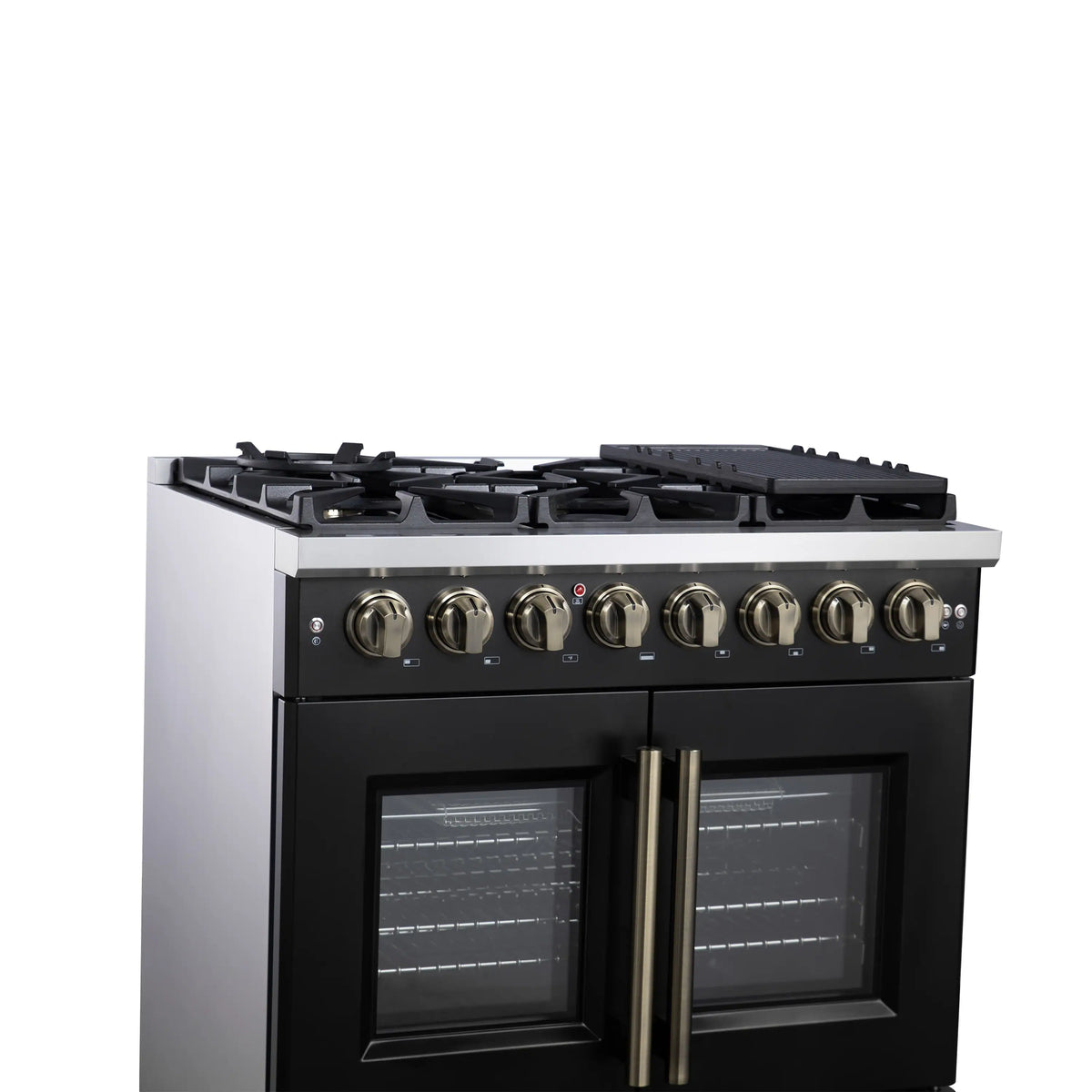 Black freestanding range with brass control knobs, grates, and two oven windows