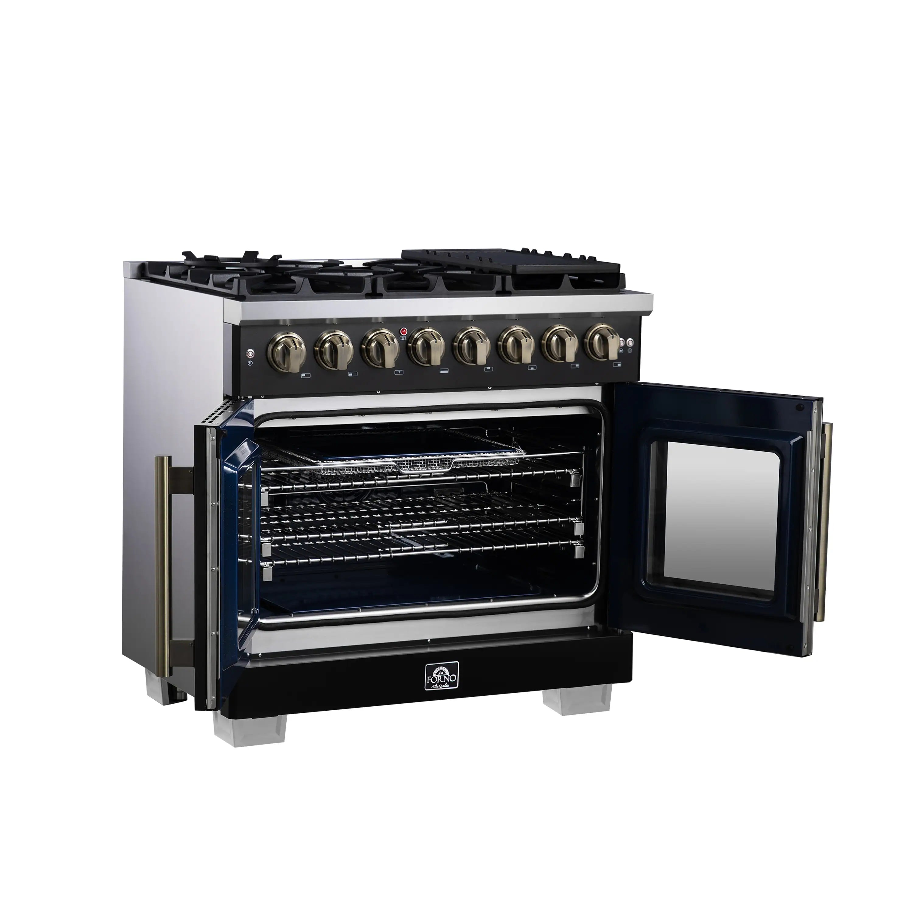 Freestanding dual fuel range with open oven door and closed French door window