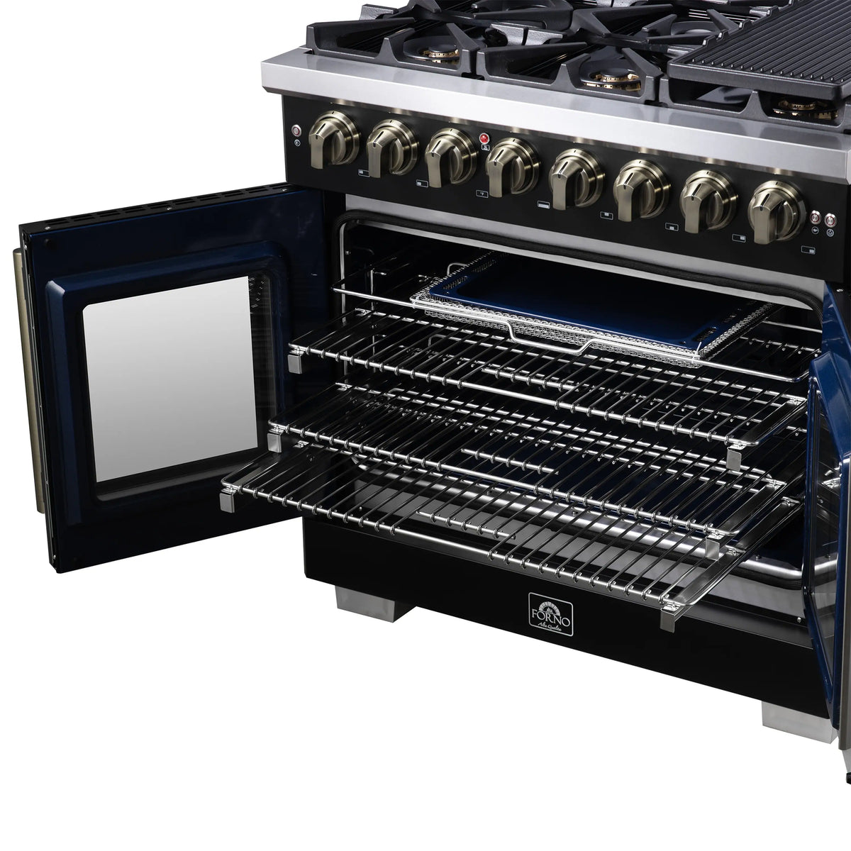 Freestanding dual fuel range oven with open door, wire racks, and black enamel cavity