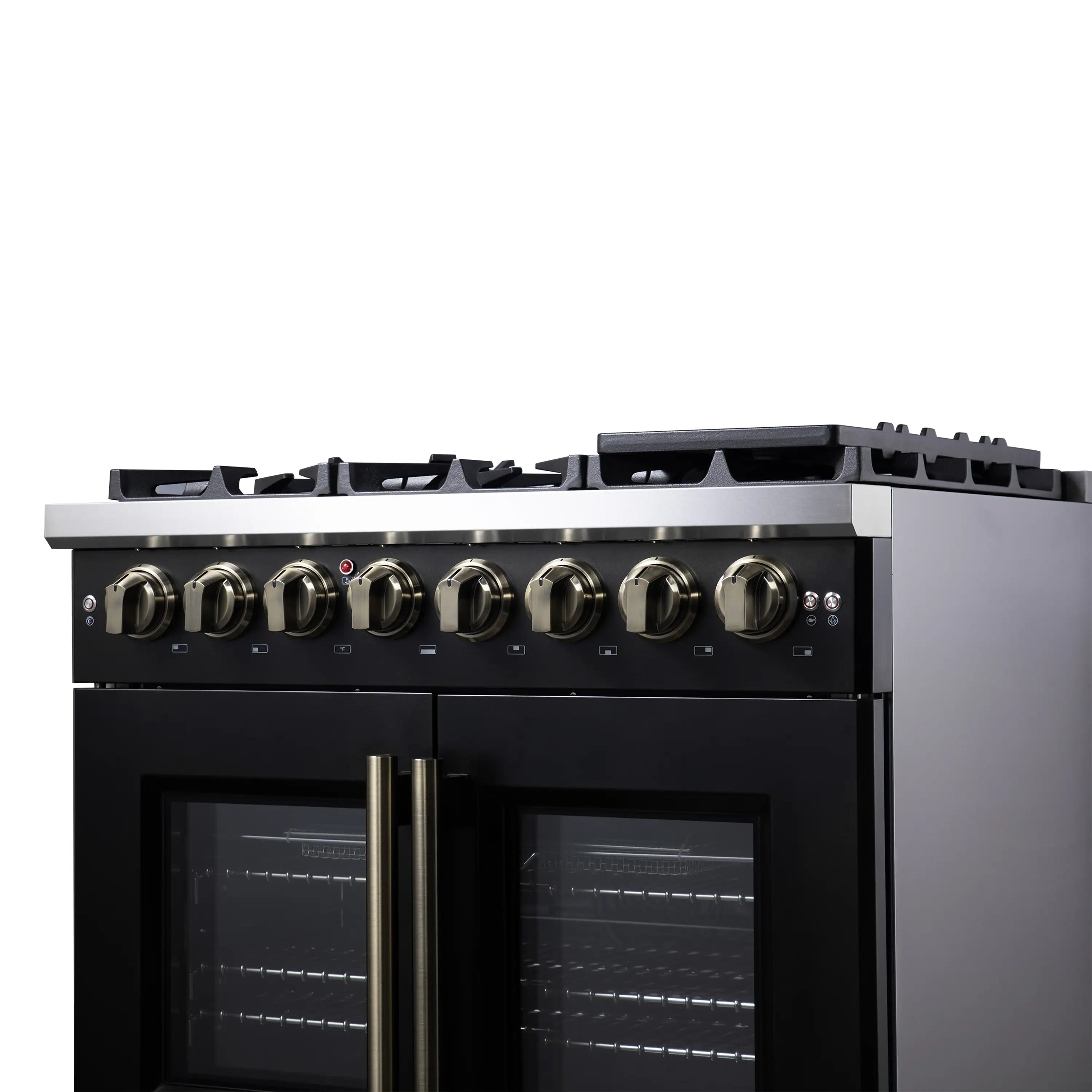 Freestanding dual fuel range front panel with knobs and four burners