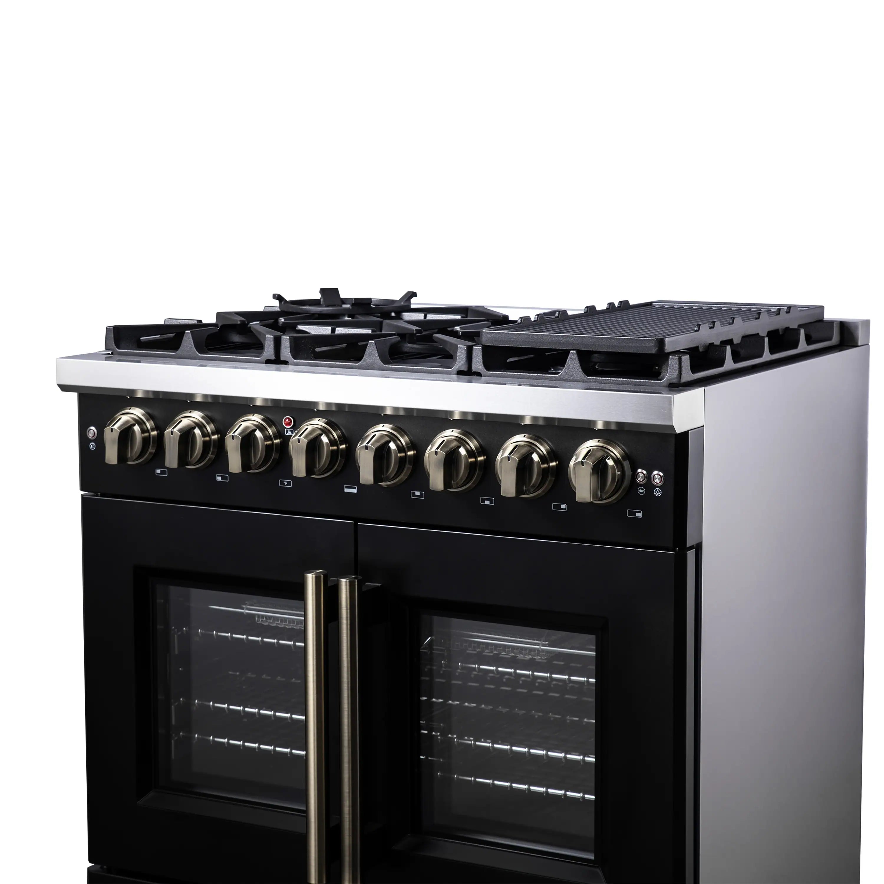Freestanding dual fuel range with burner knobs and two glass oven doors