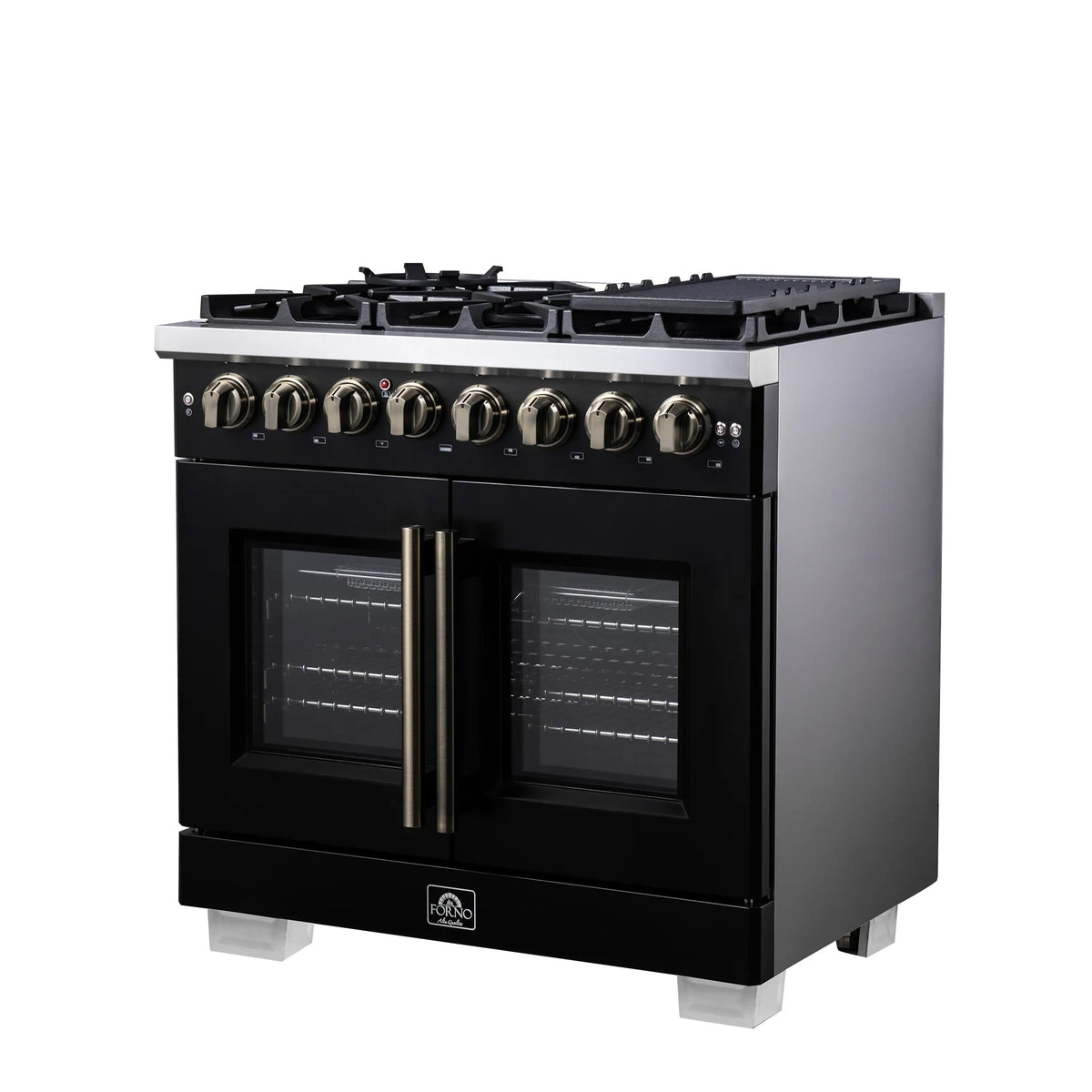 Freestanding dual fuel range with black glass doors, stainless trim, and control knobs
