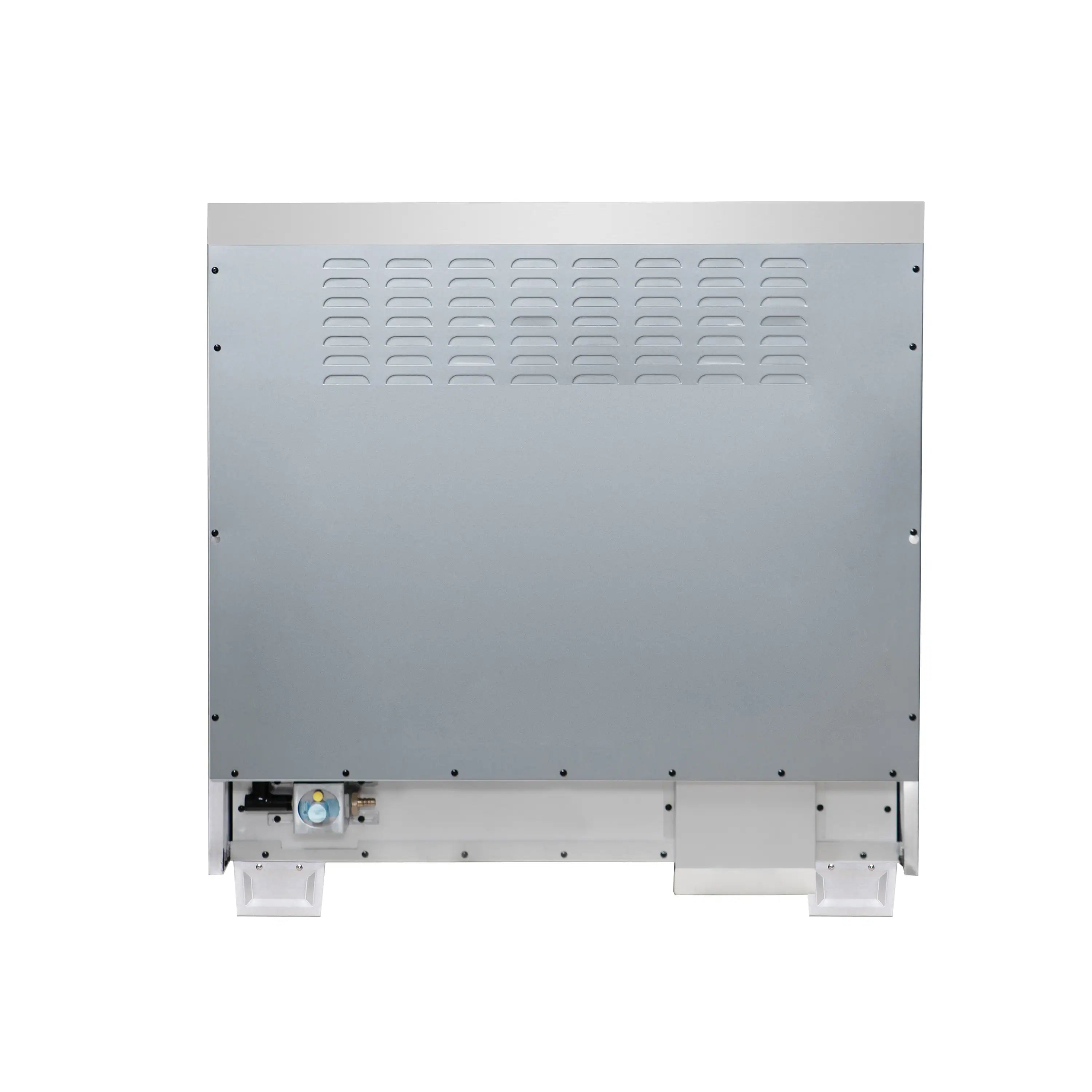 Rear view of white freestanding dual fuel range with vented metal panel and legs
