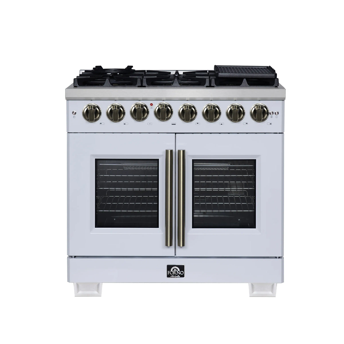 Forno Capriasca 36-Inch Freestanding French Door Dual Fuel Range in White with Antique Brass Trim (FFSGS6387-36WHT)