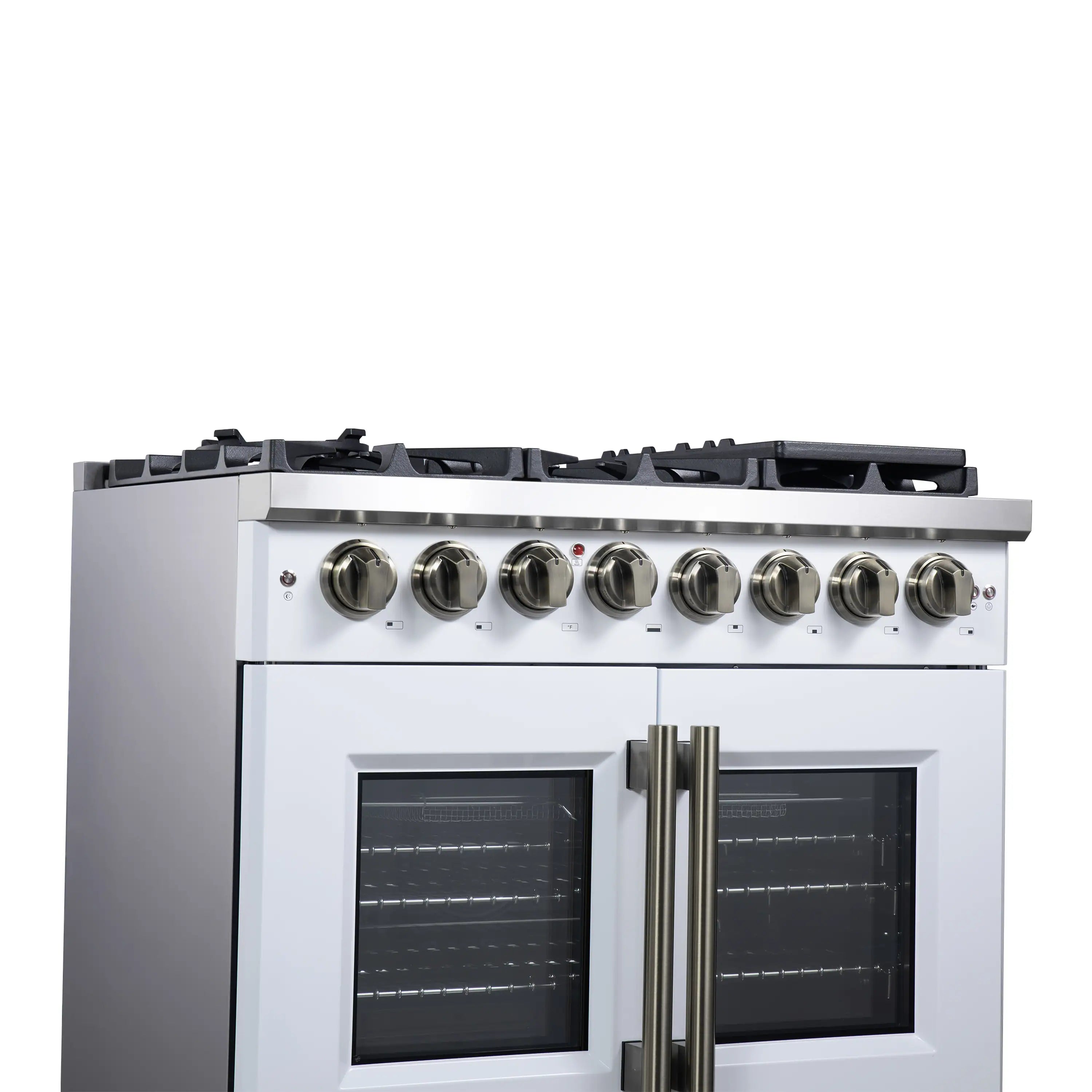White freestanding dual fuel range with French doors and antique brass double handle