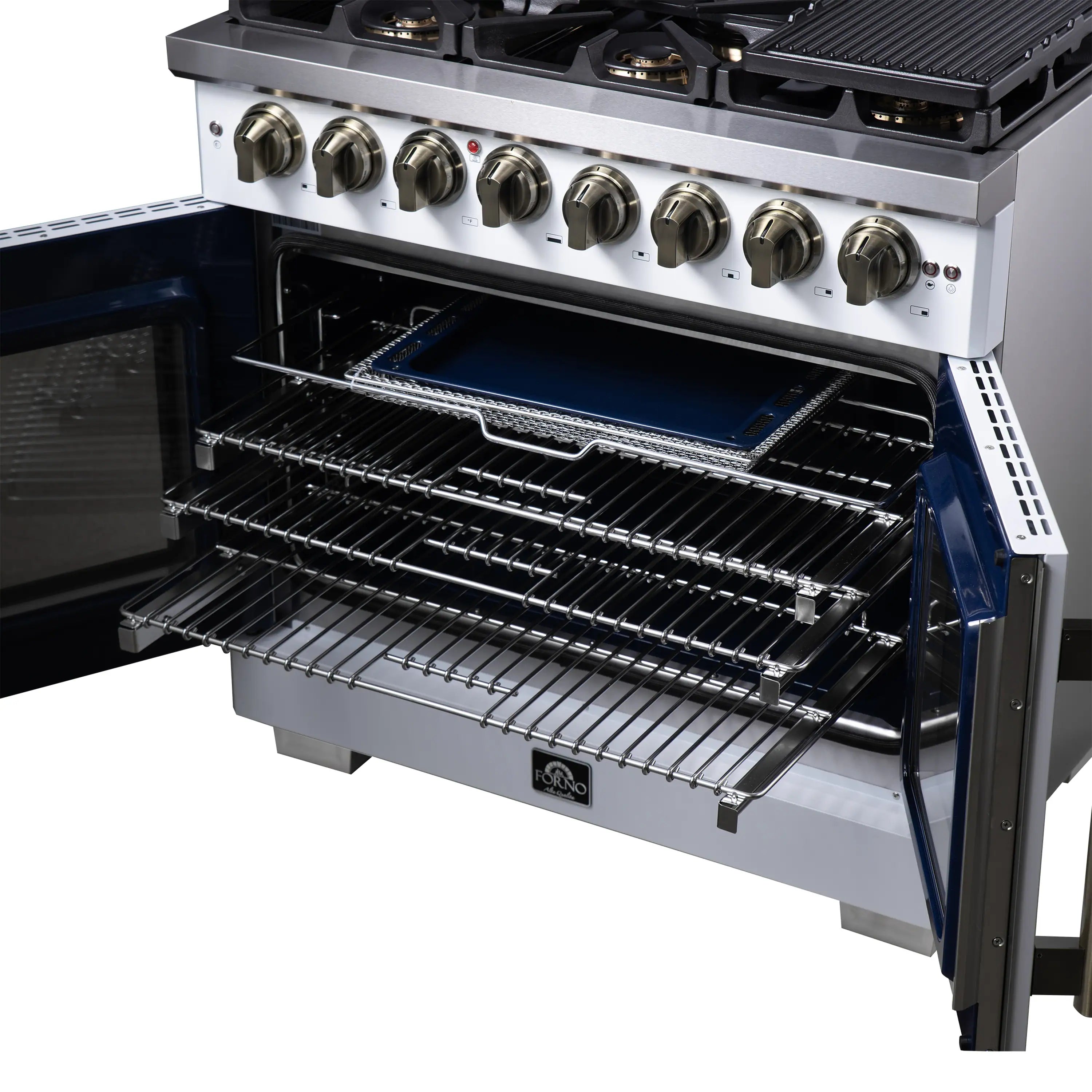 White dual fuel range oven interior with racks and blue enamel broiler tray