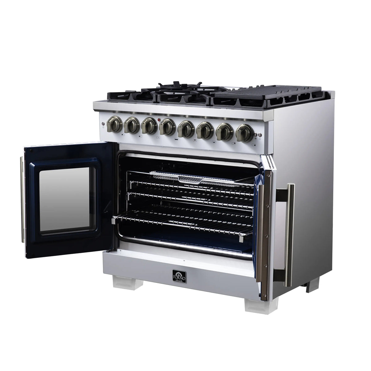 White dual fuel range with open oven door, brass handle, and control knob panel