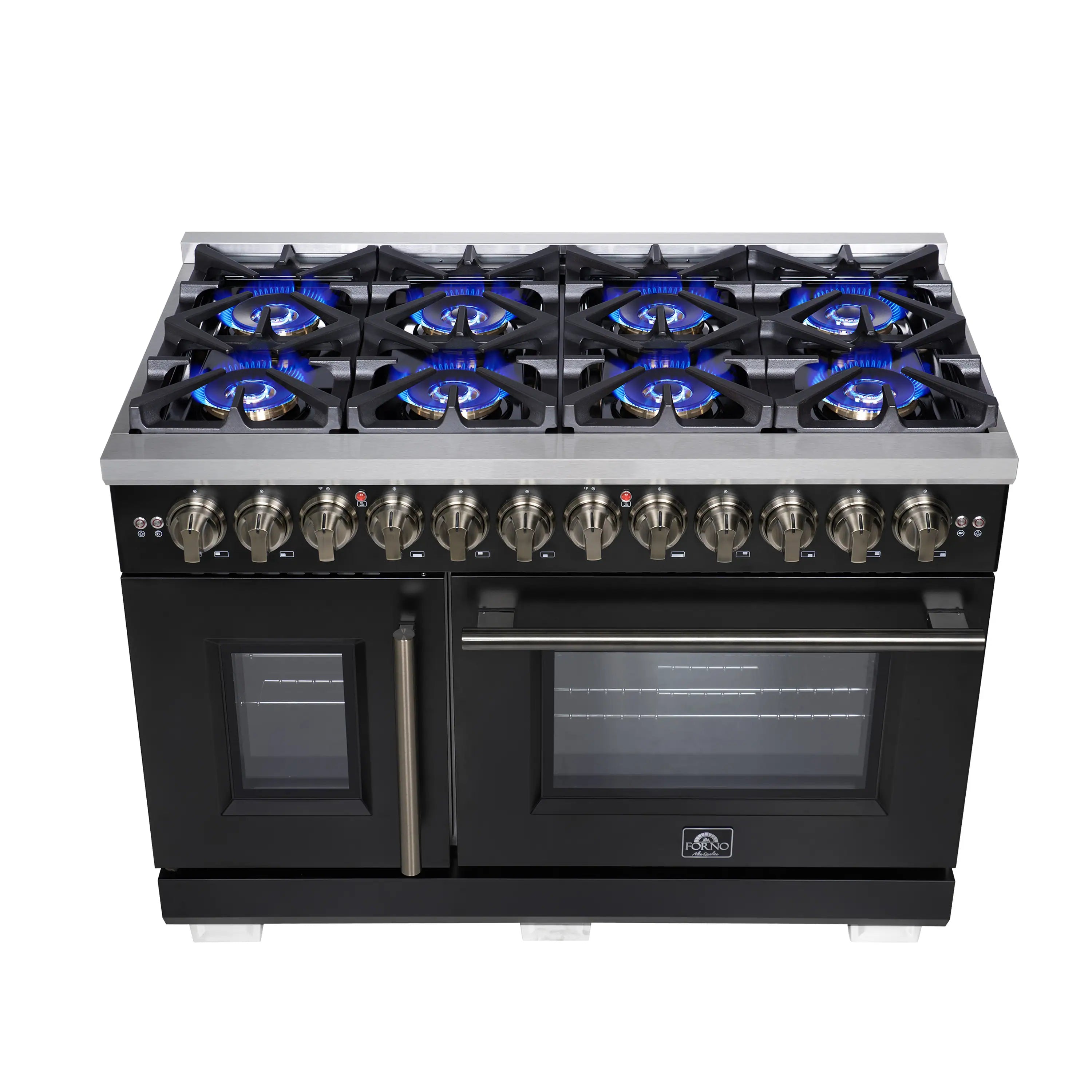 Black dual fuel range with blue gas burners on top and dual oven windows below.