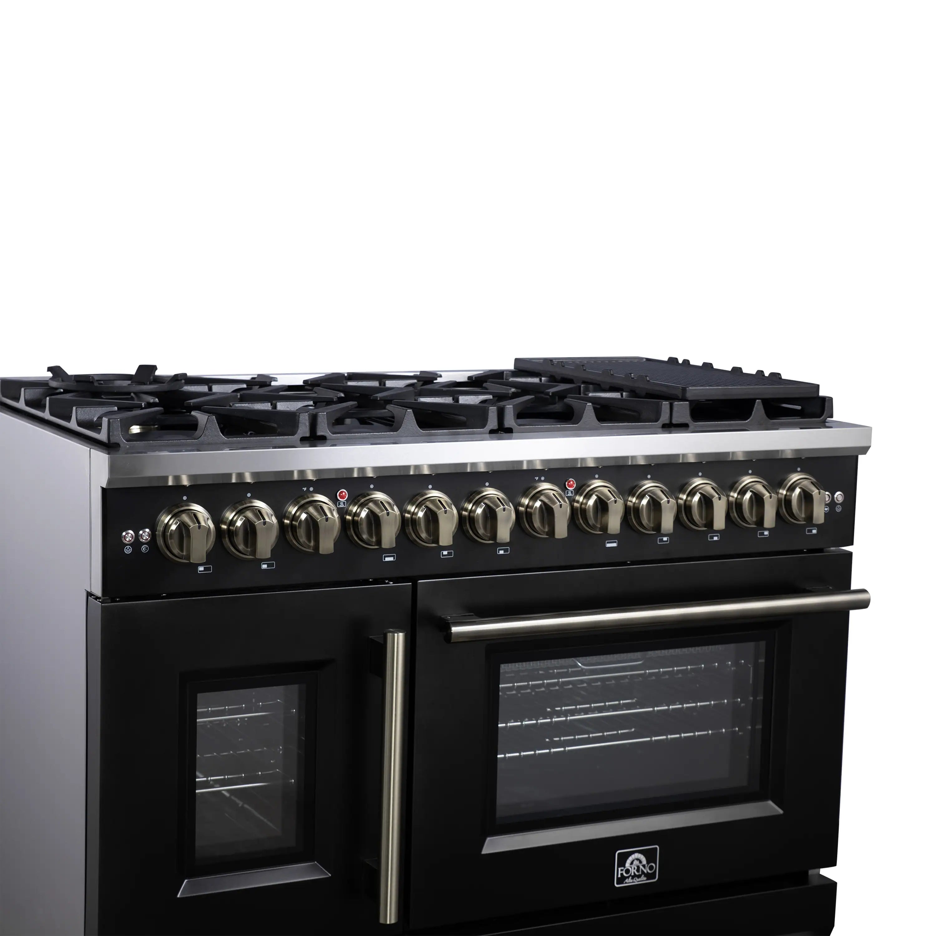 Black dual fuel range with brass handle bars, dual oven doors, and burner grates.