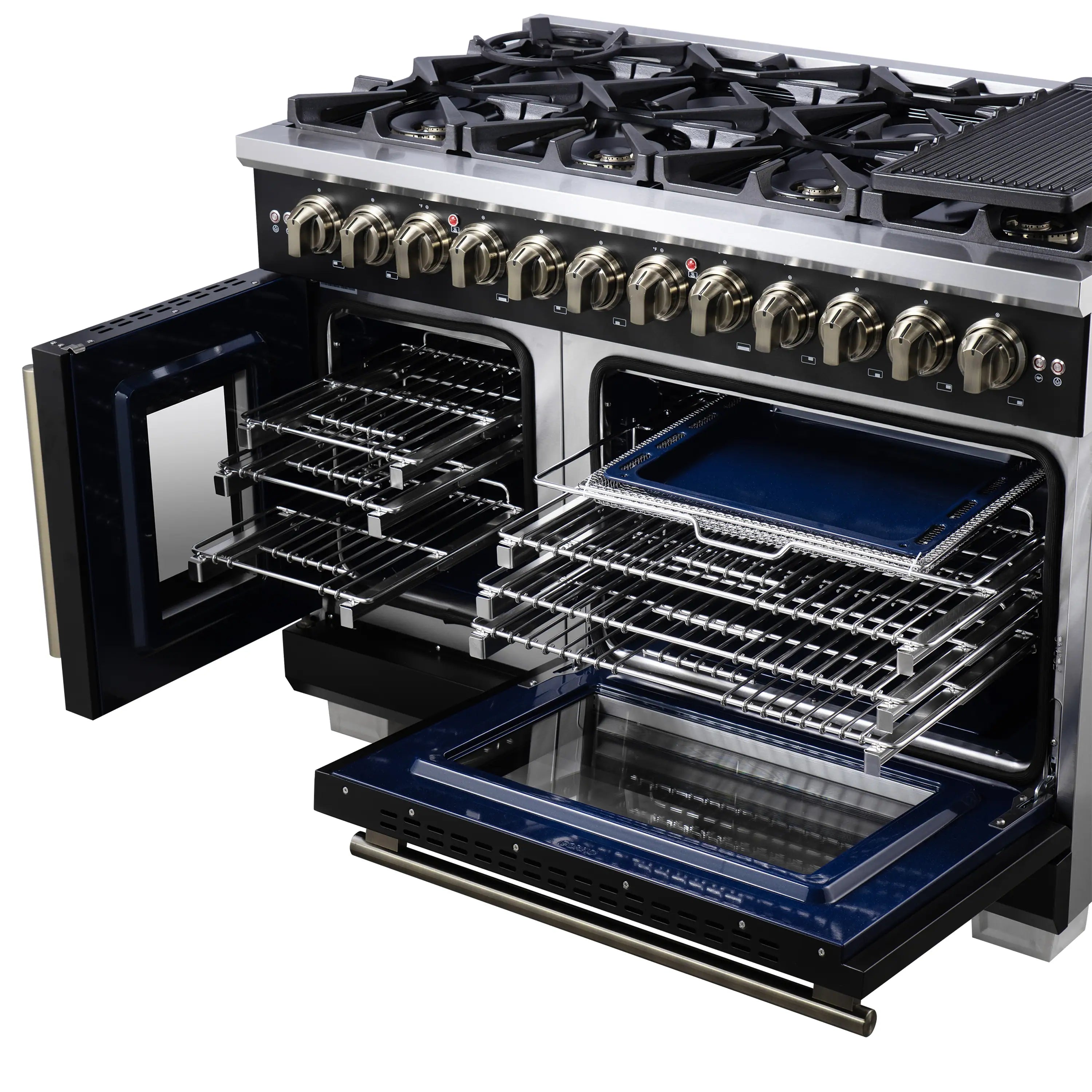 Freestanding dual fuel range with both oven doors open and racks in place