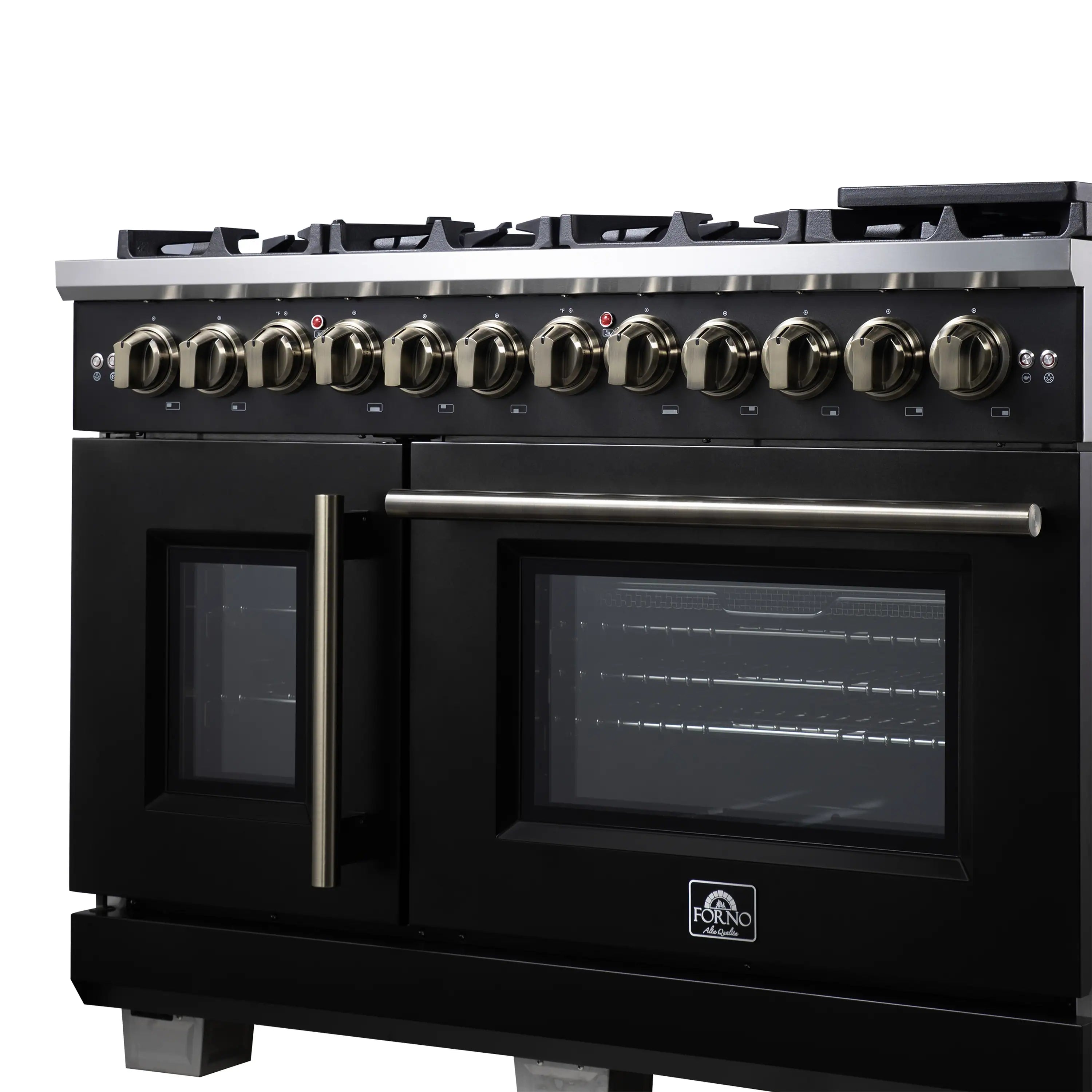 Black freestanding dual fuel range with brass handles, burners, and oven glass doors