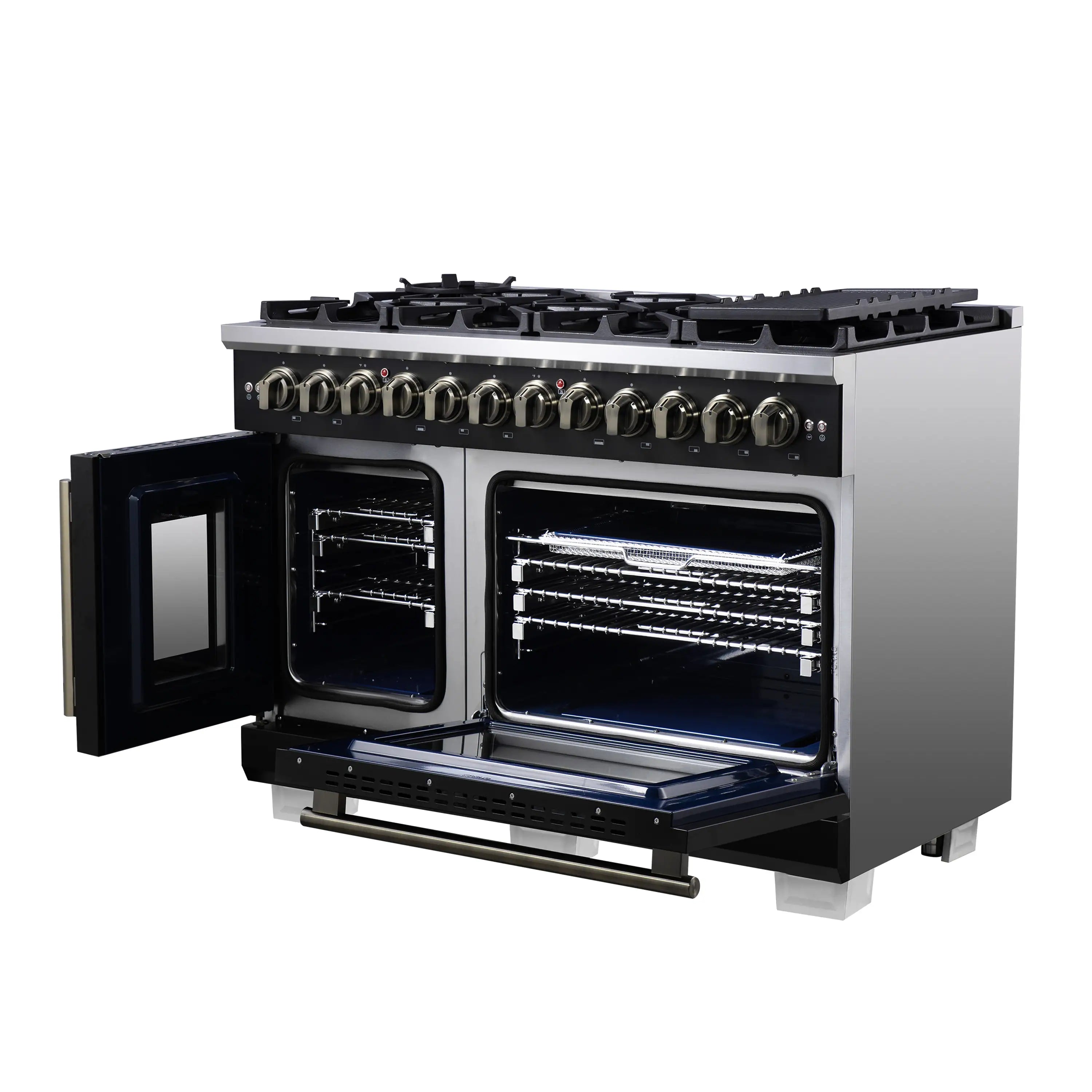 Black freestanding dual fuel range with open double oven doors and control knobs