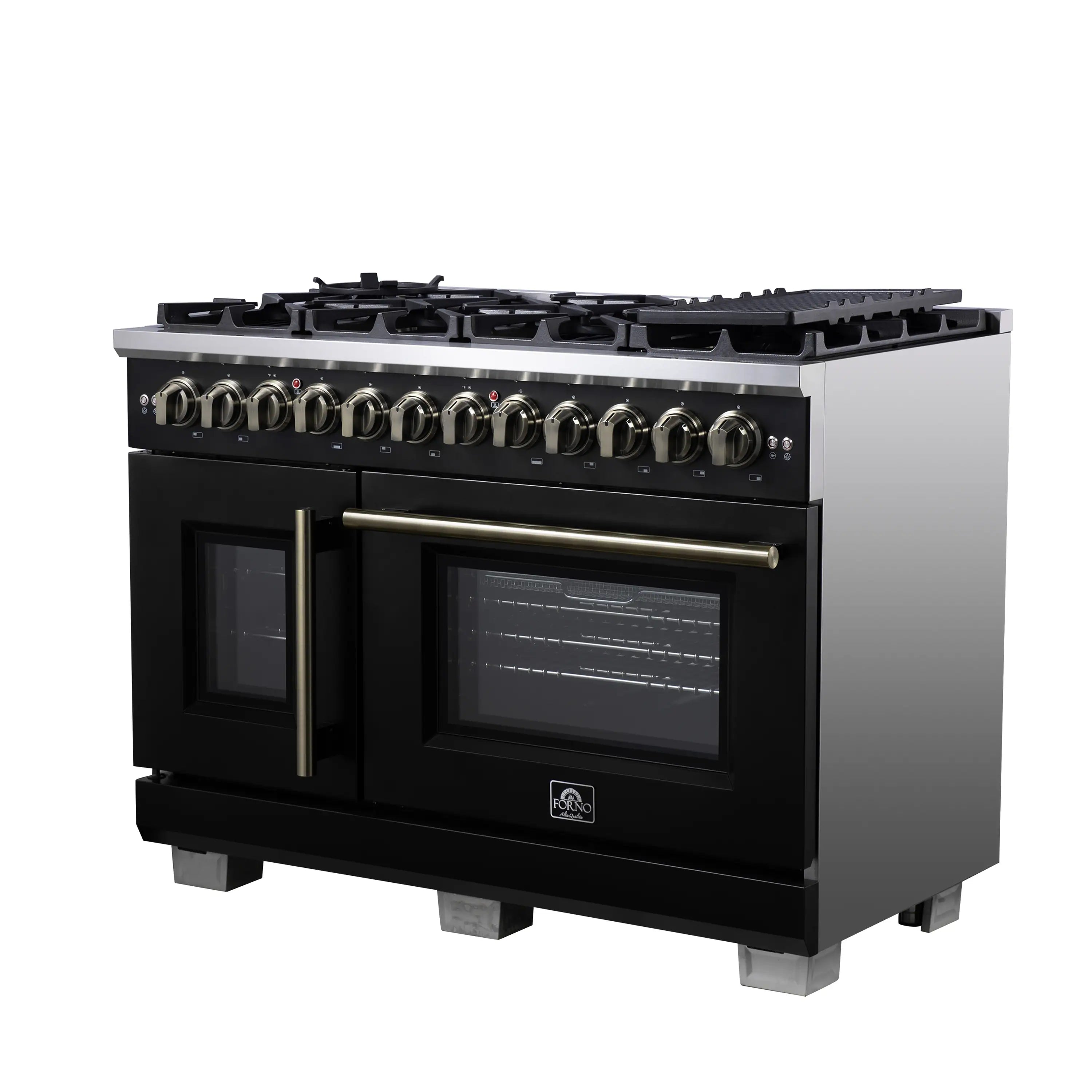Black freestanding dual fuel range with front doors, brass handle, and control knobs