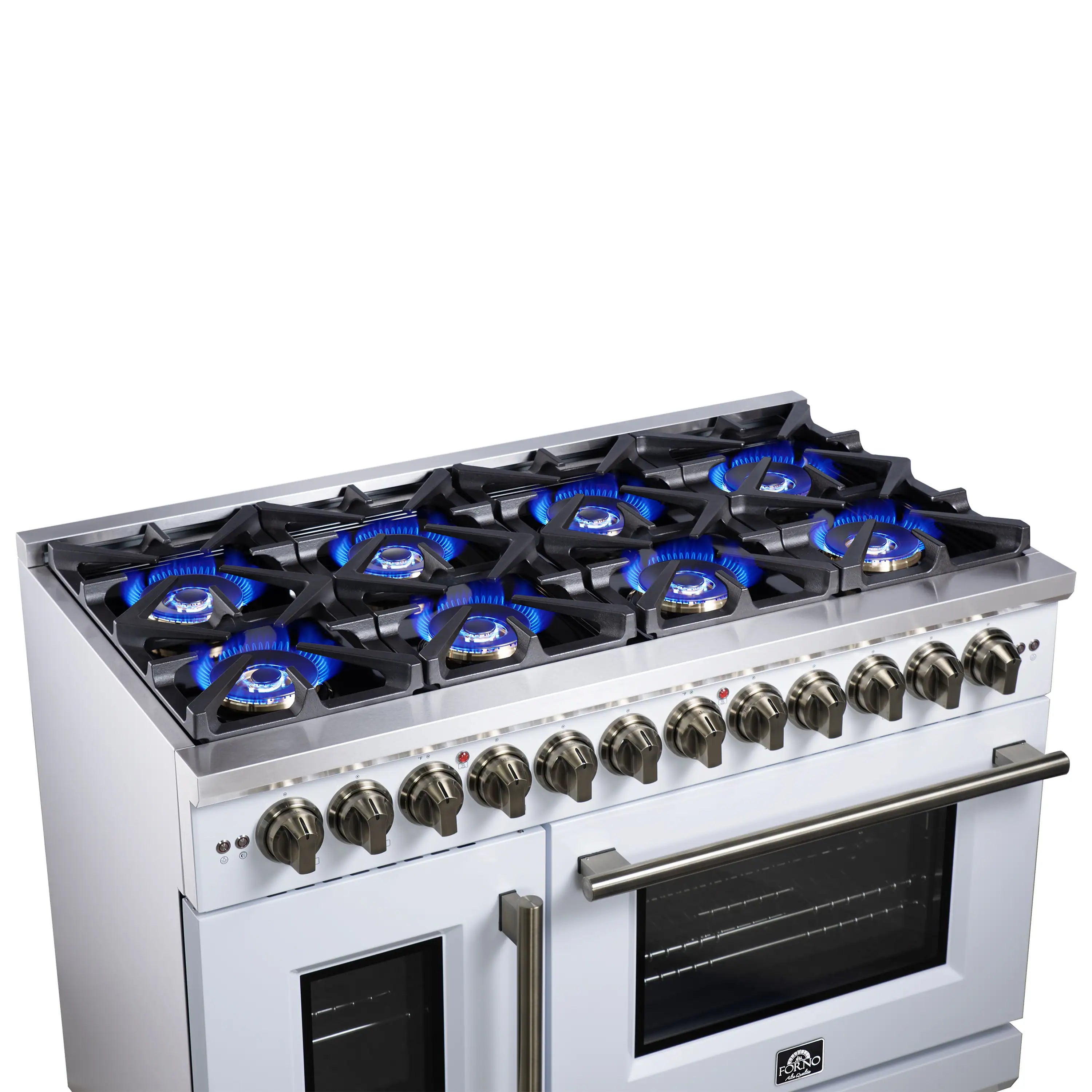 Gas cooktop with blue flame burners and brass control knob row on white range