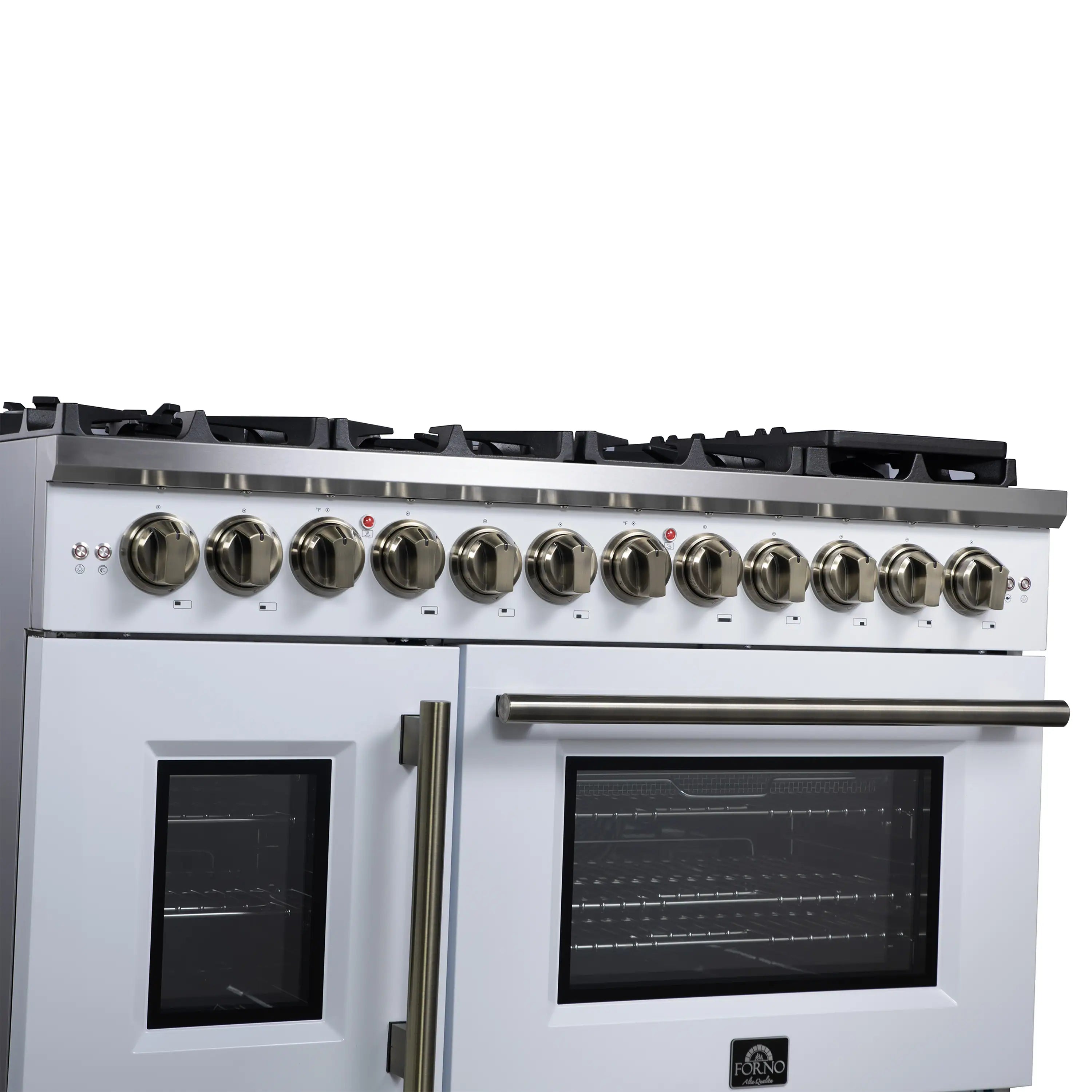 Dual fuel range front with white panels, two oven doors, and brass handle