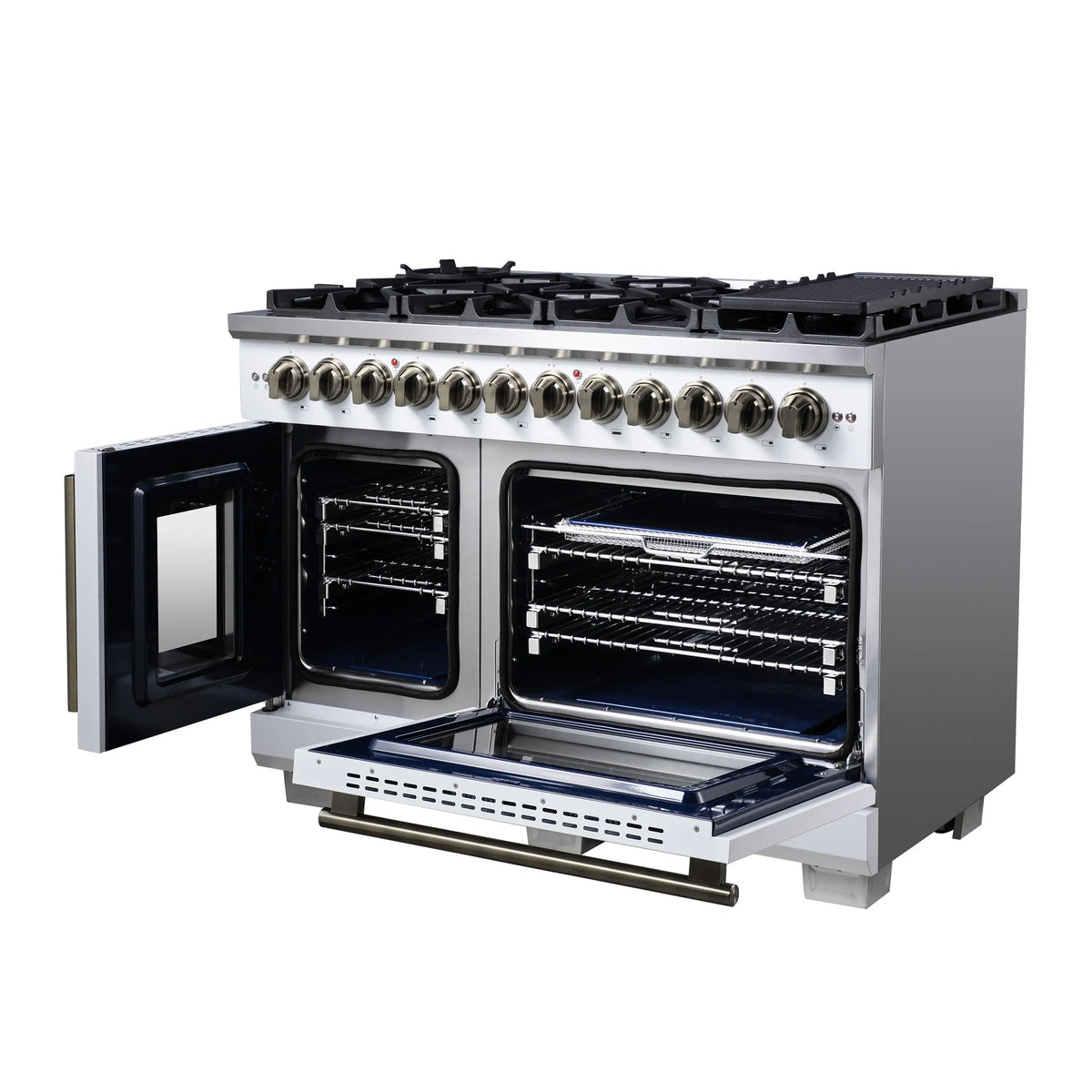 Freestanding dual fuel range with two open oven doors and brass side handle