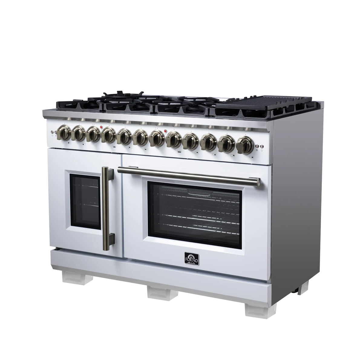 White freestanding range with French doors, brass handle, and black cooktop grates