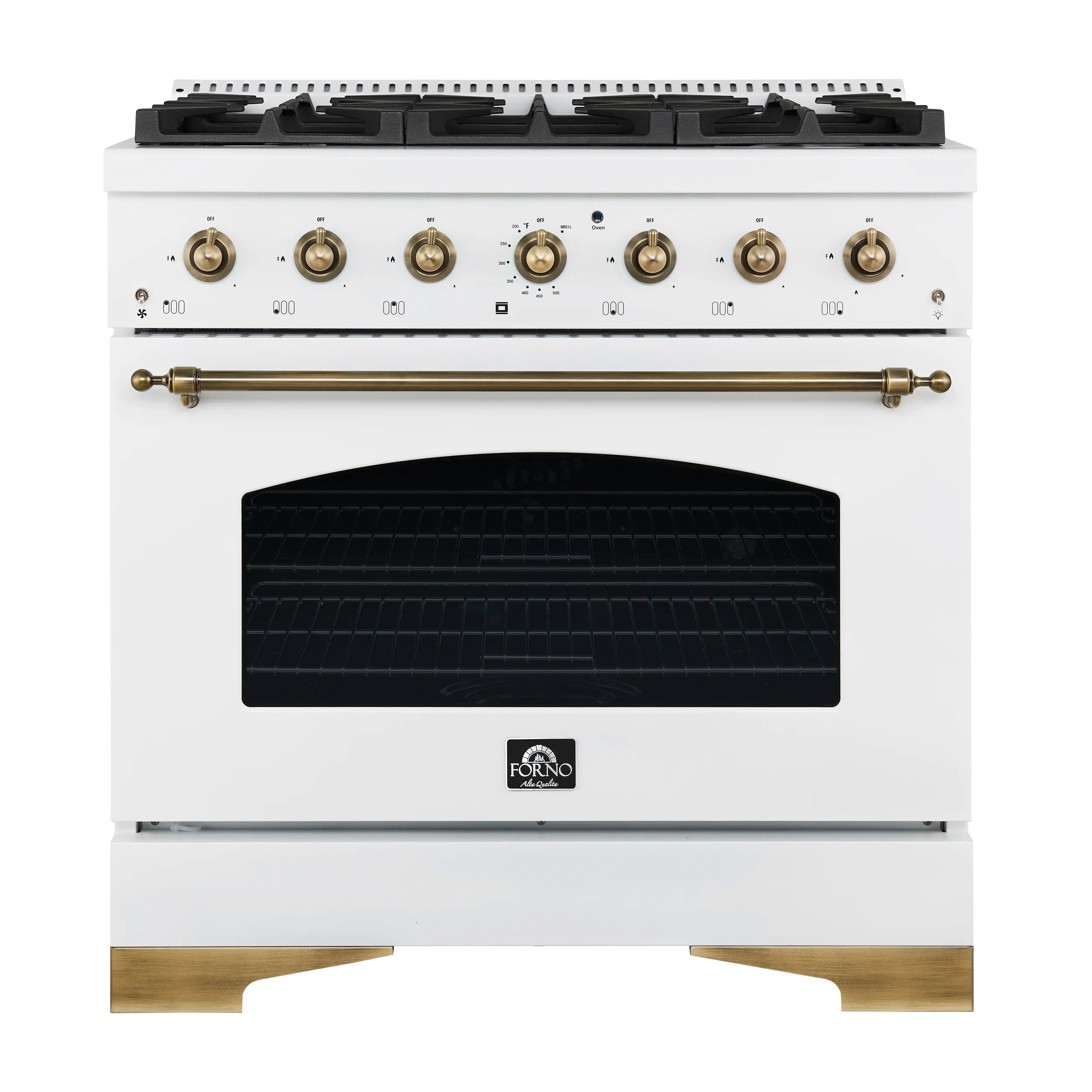 White dual fuel range with 6-burner gas cooktop, dark oven window, antique brass trim