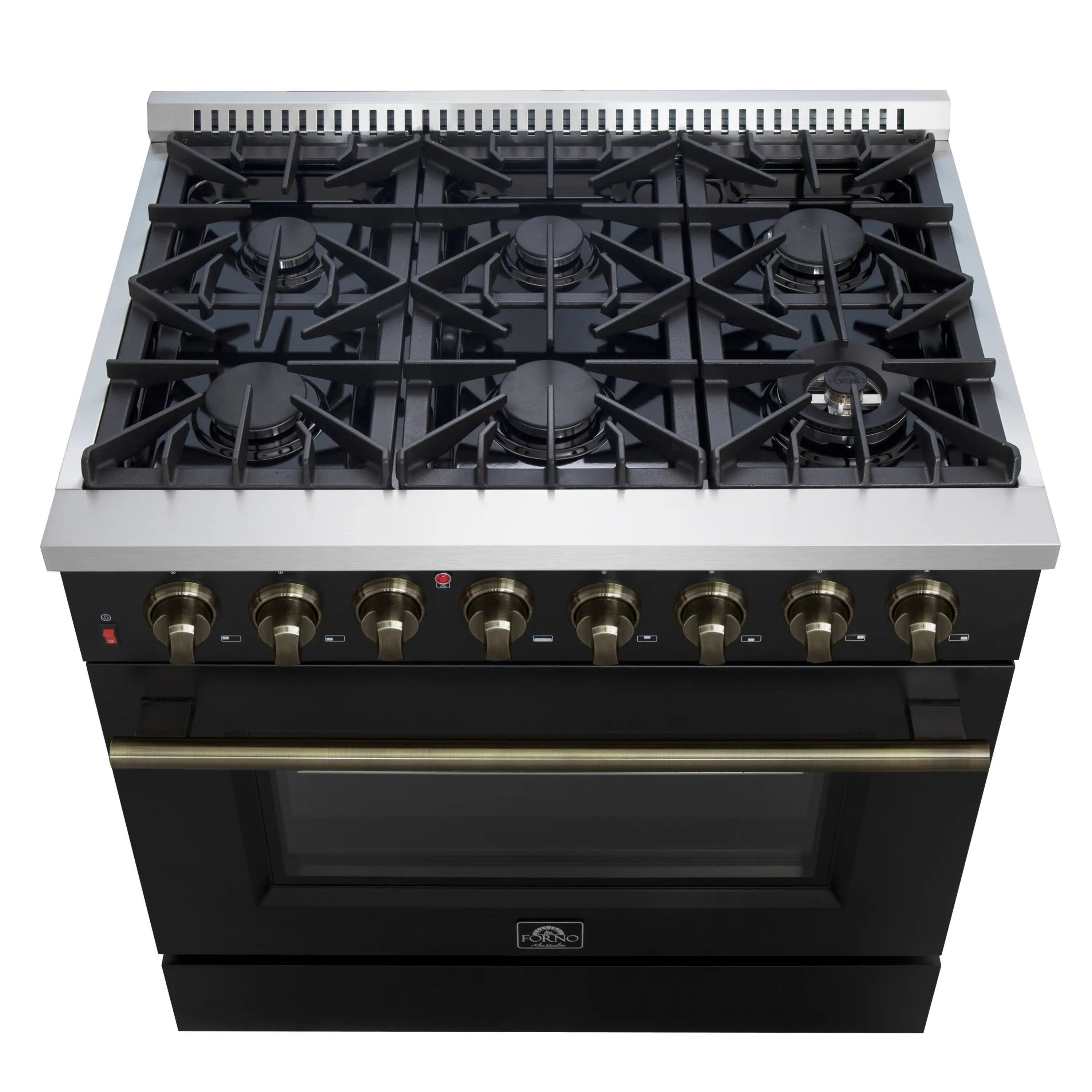 Black dual fuel range cooktop with cast burners and antique brass control knobs
