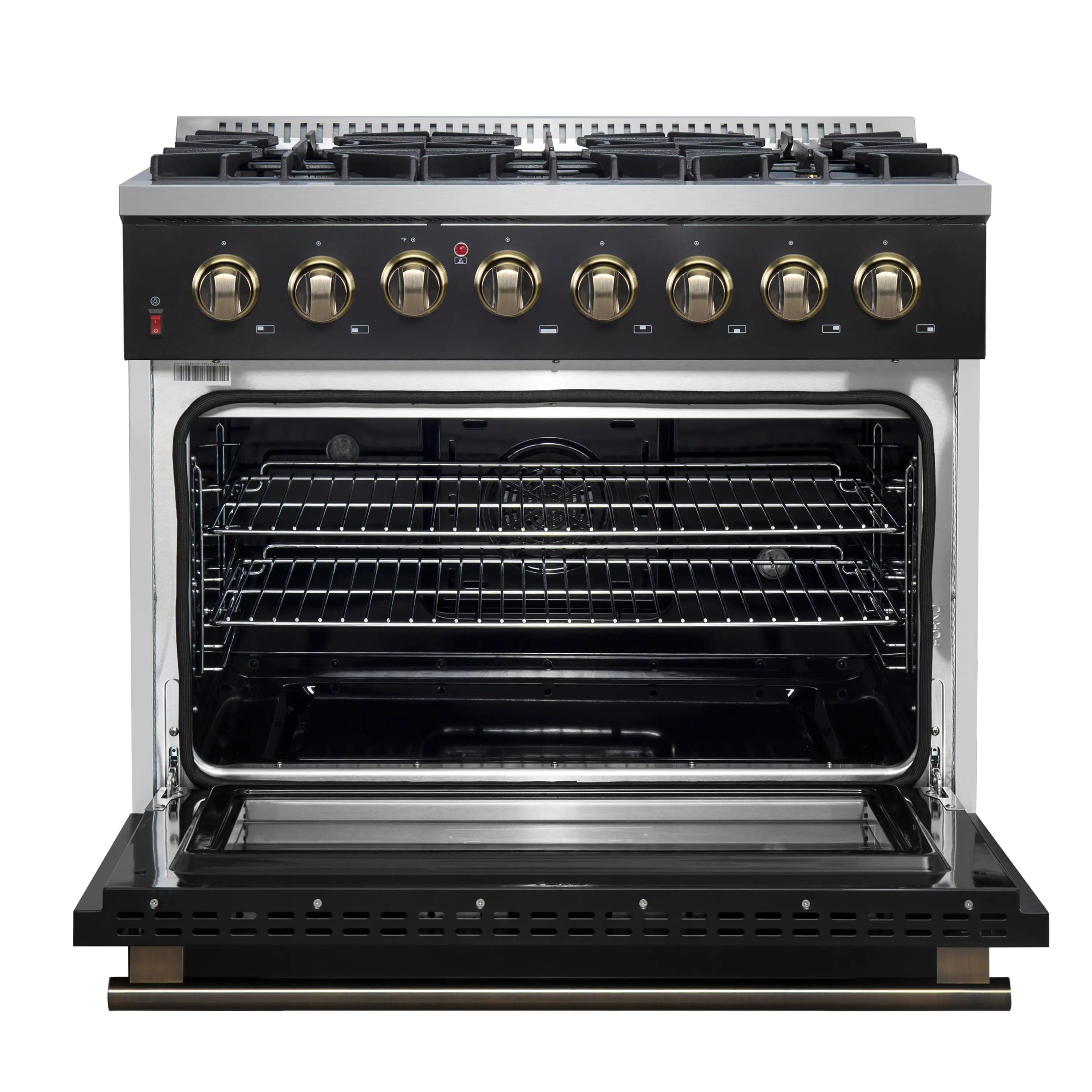 Black dual fuel range with open oven door, broil rack, and burner controls