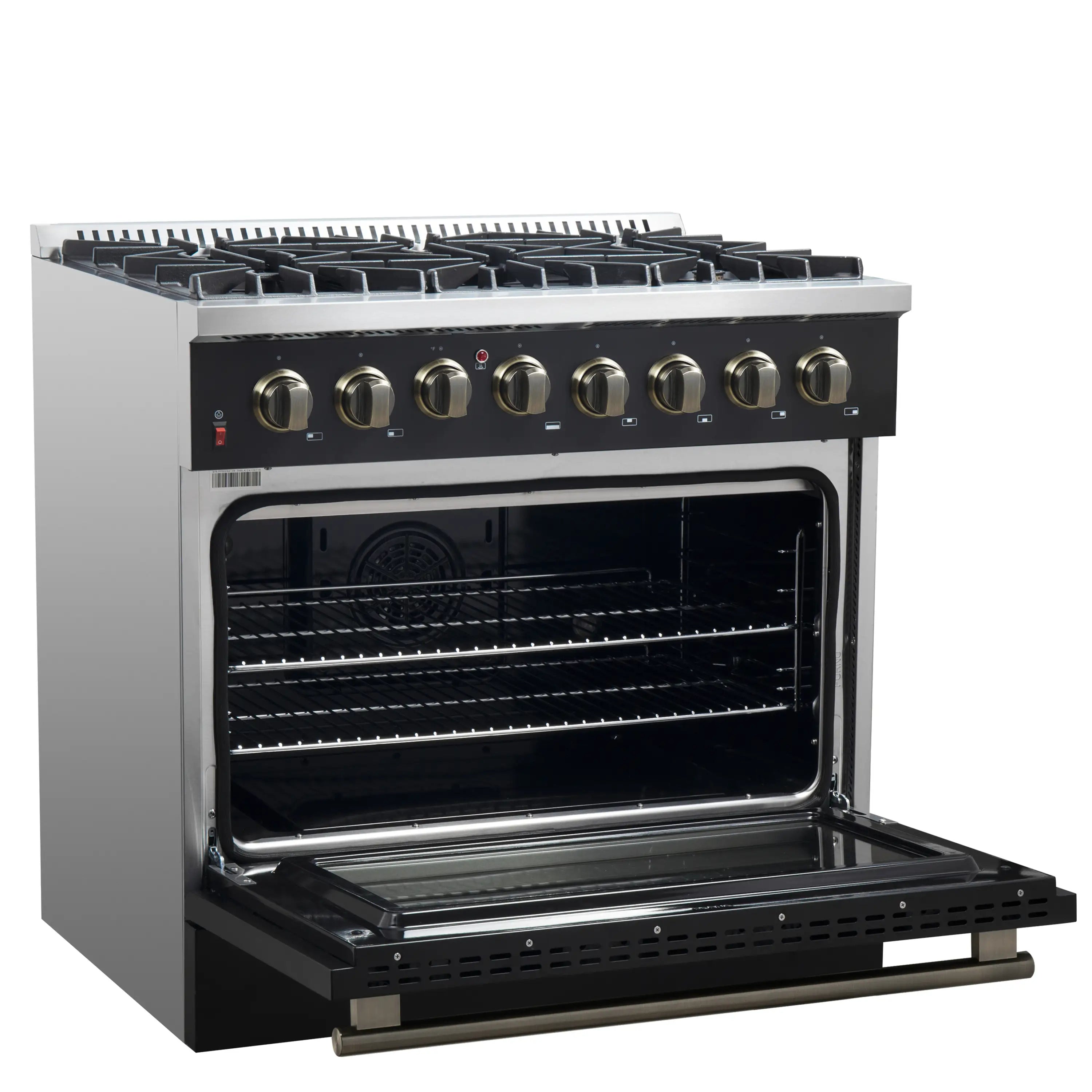Black dual fuel range open oven with interior racks and brass control knobs