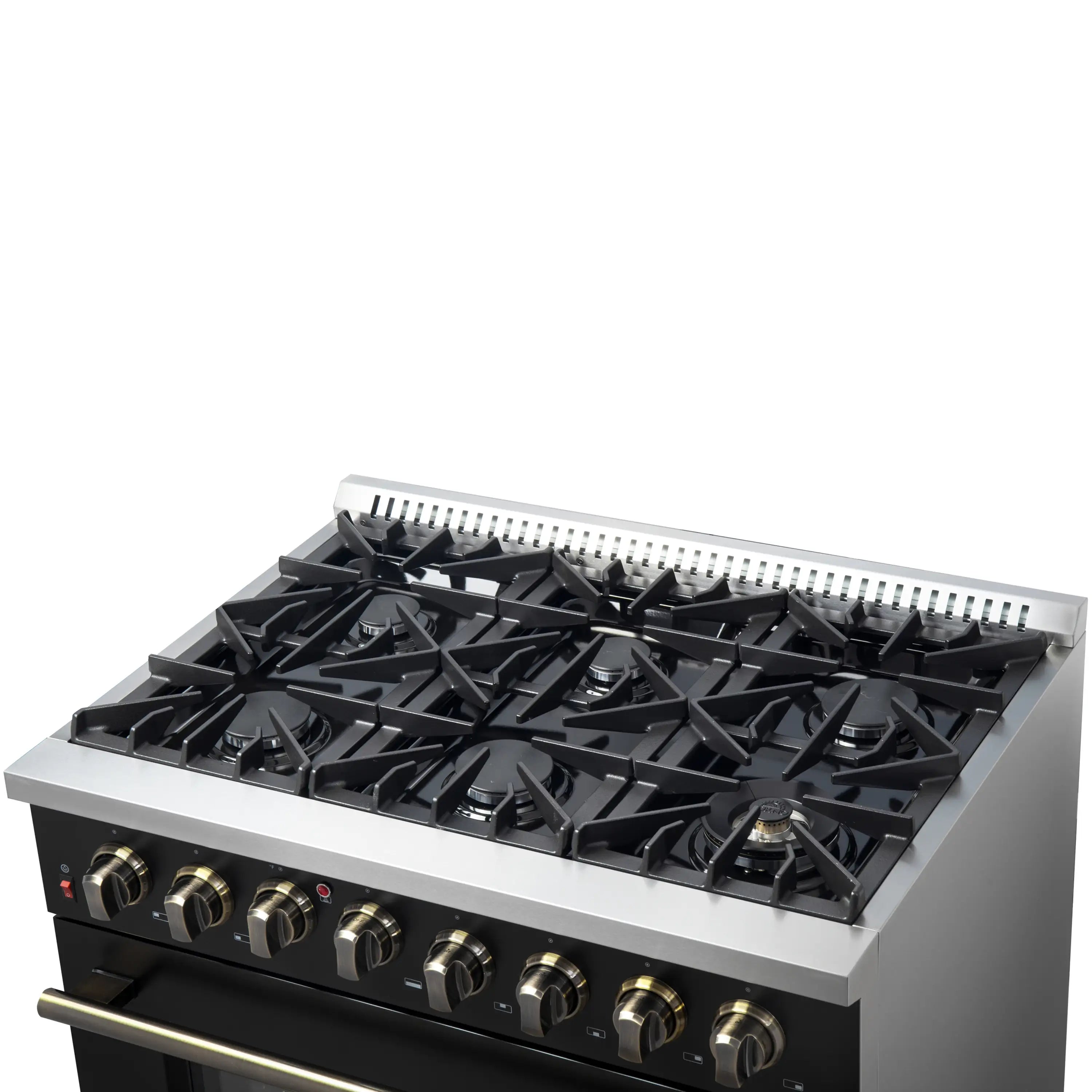 Black dual fuel range cooktop close-up with six burners and brass control knobs