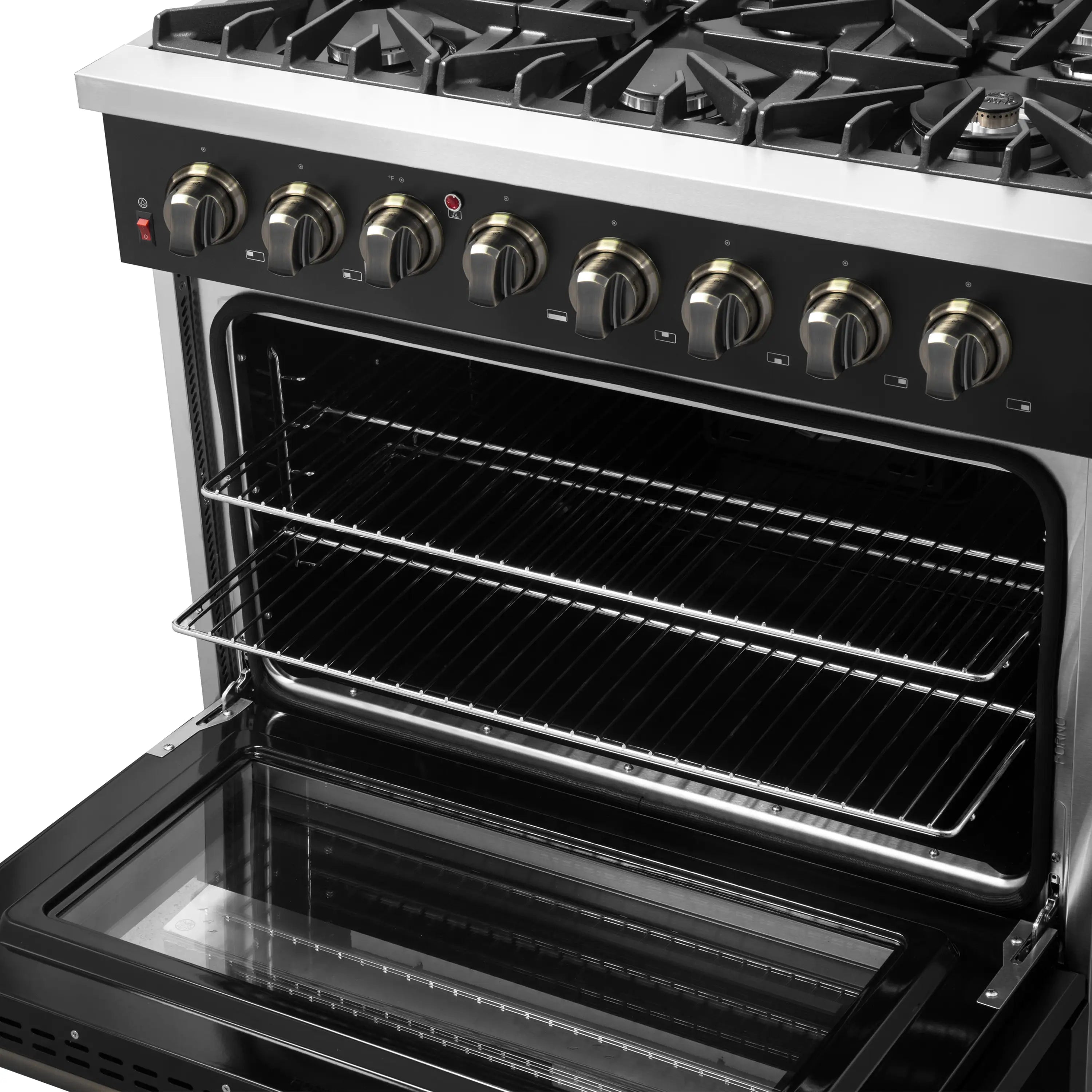 Black dual fuel range oven cavity with two wire racks and glass viewing window