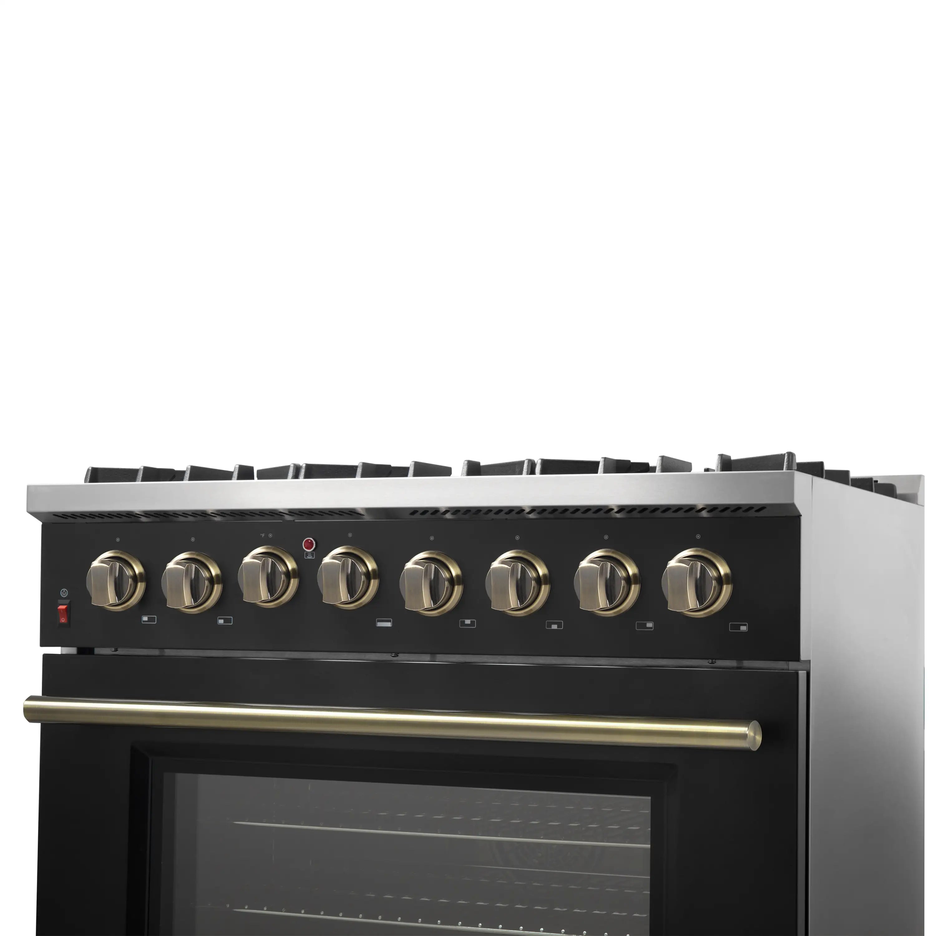Black 36-inch dual fuel range with brass control knobs and stainless side panels