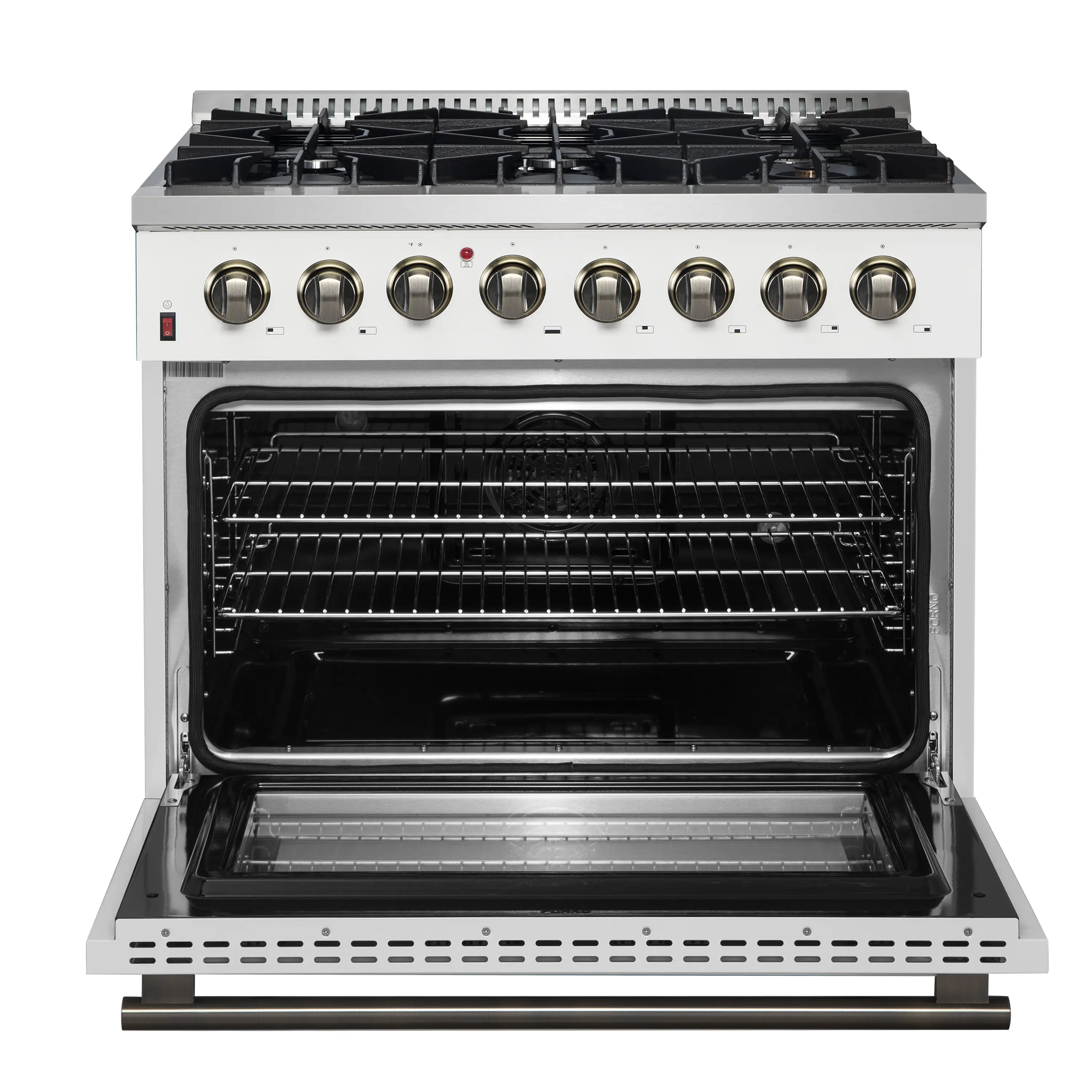 White dual fuel range with open oven, racks inside, and brass control knobs on panel