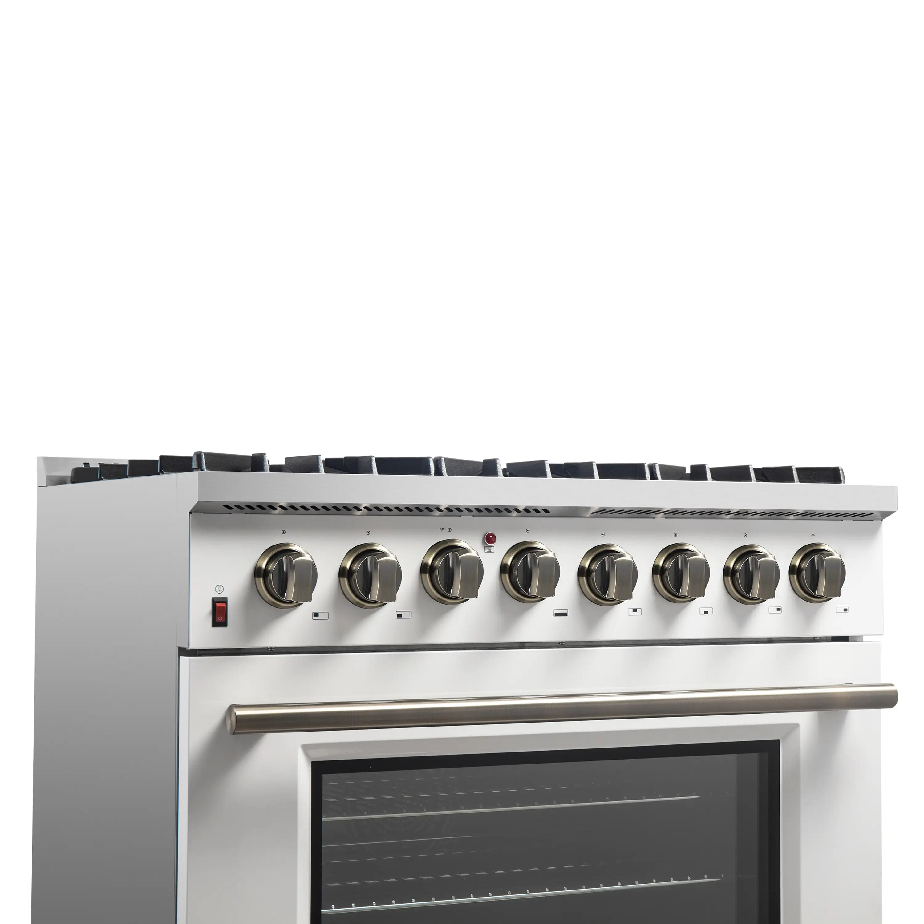 36-inch dual fuel range, white front with brass bar handle and control knobs
