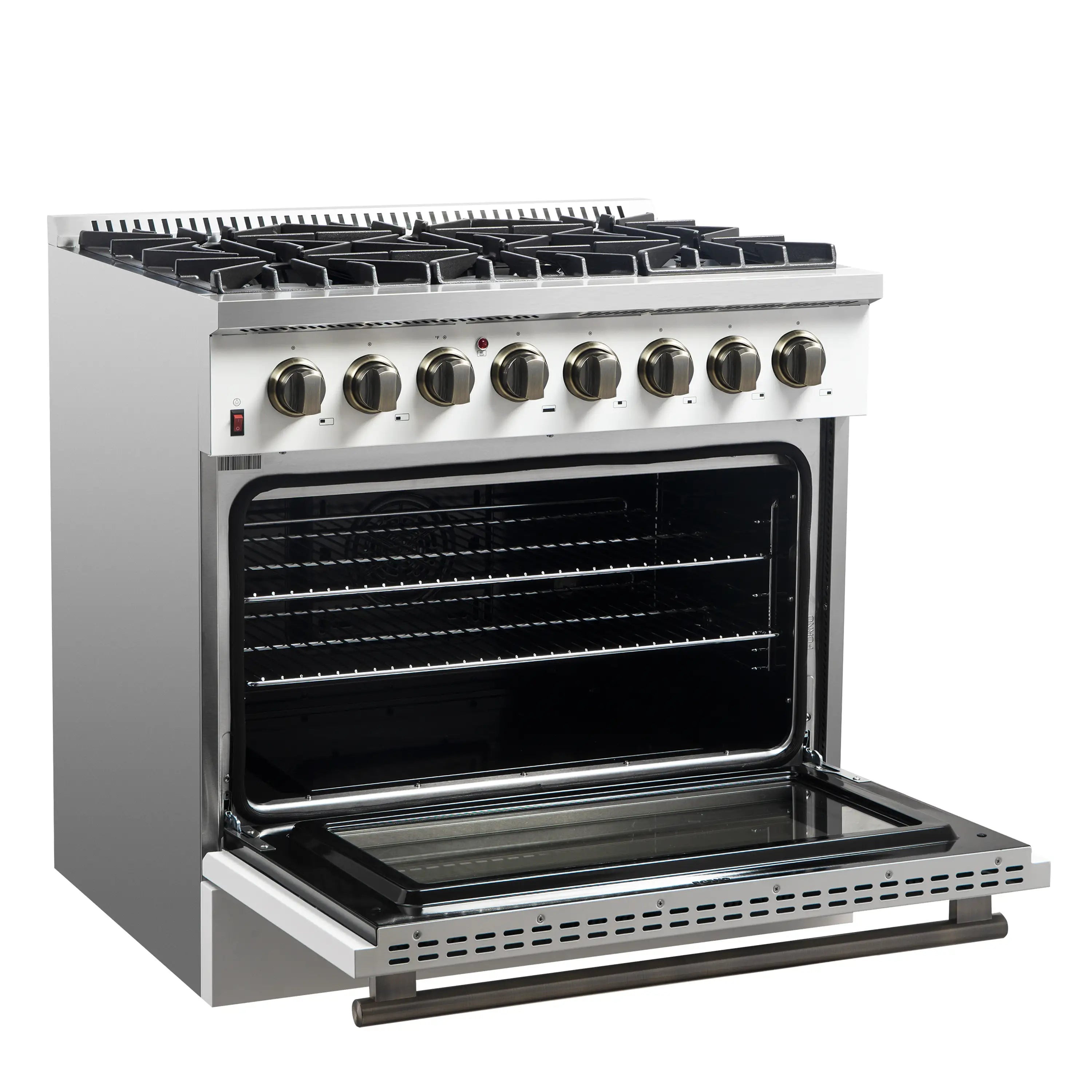 White dual fuel range with oven door open and 8 burner-control knobs on front panel