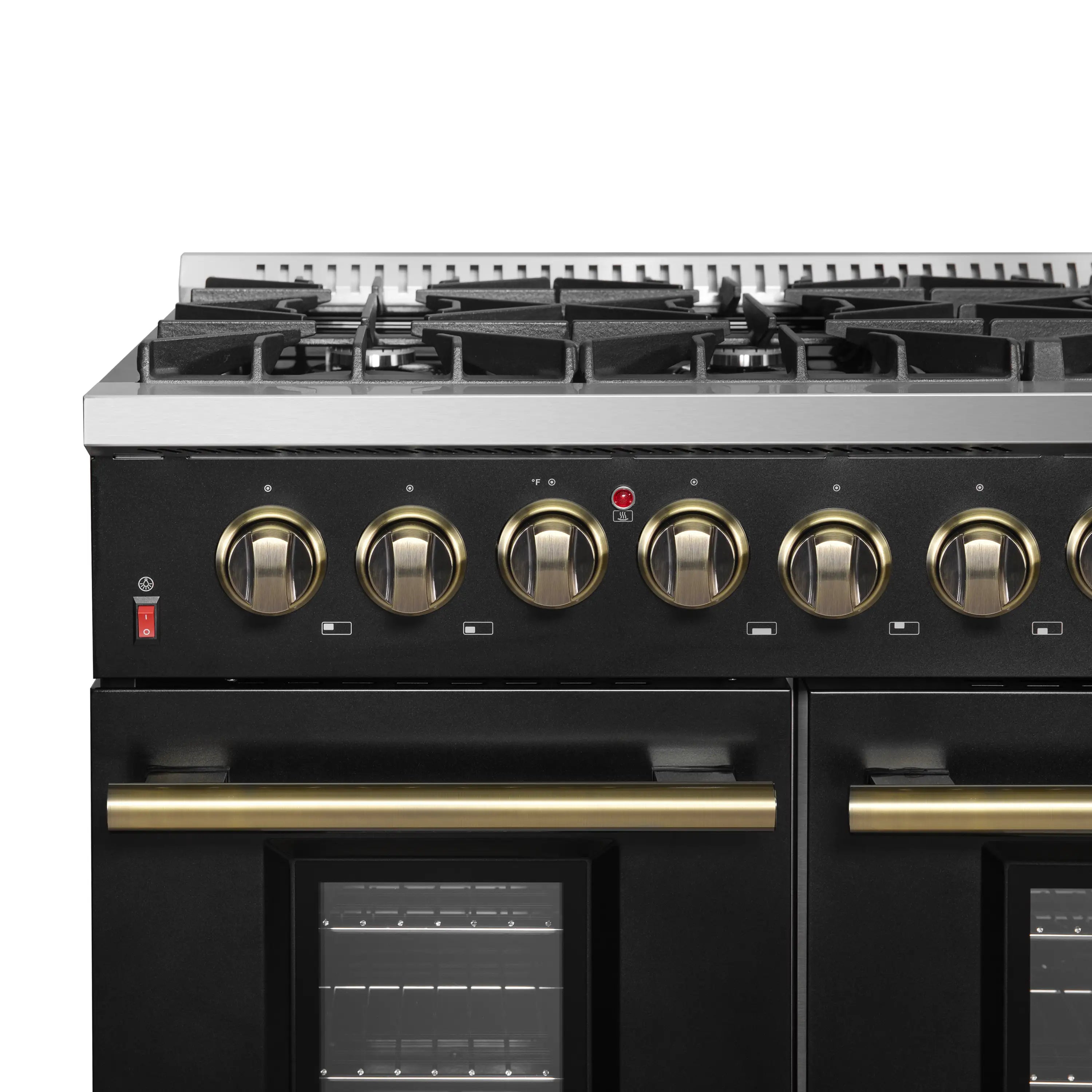 Black dual fuel range with antique brass control knobs and oven door handles