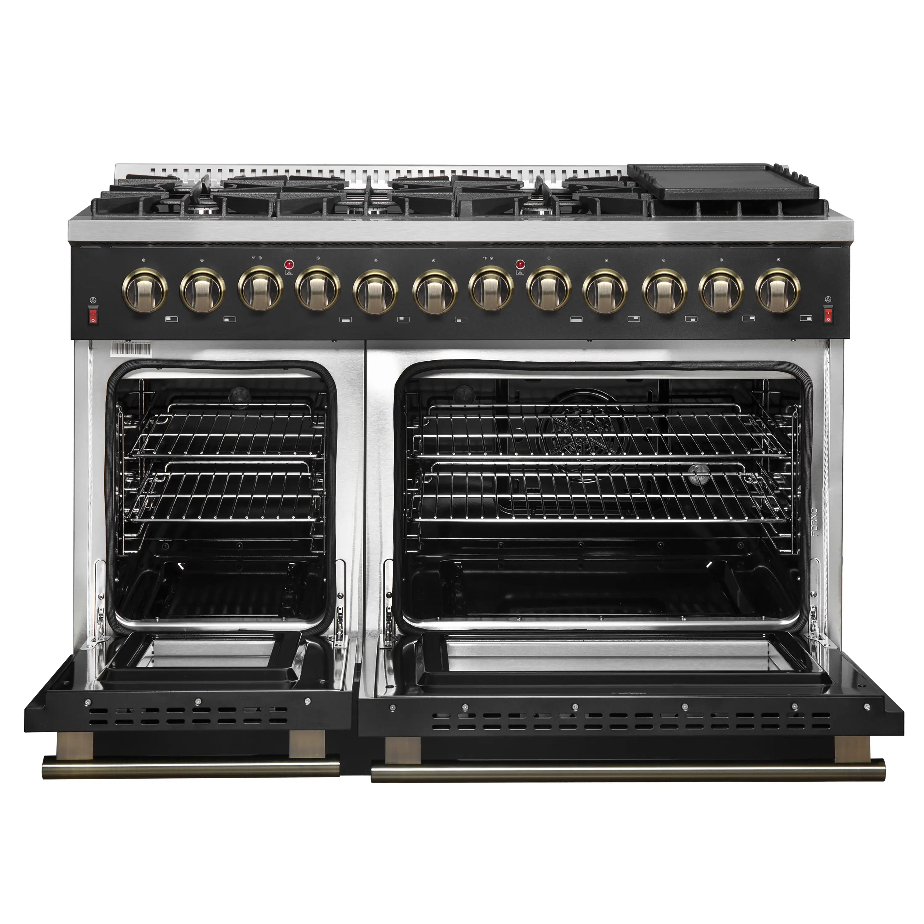 Front view with both oven doors open on a dual fuel range; brass knobs on black panel