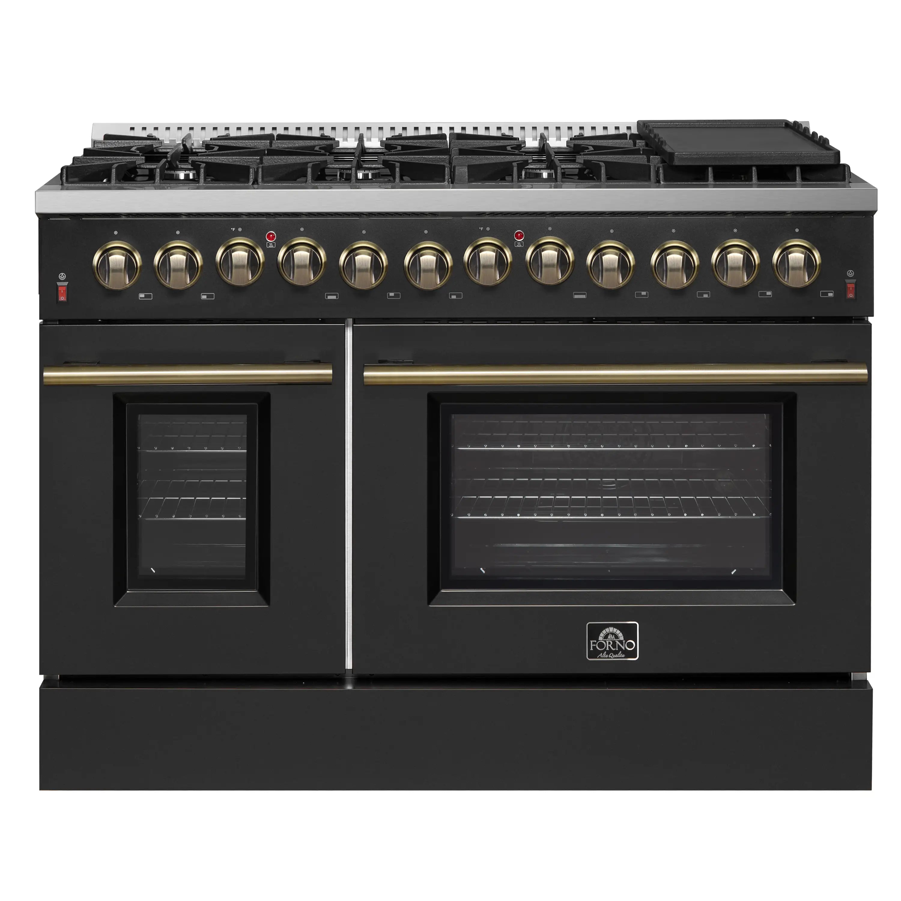 Black dual fuel range with gold control knobs and two oven doors, antique brass trim.