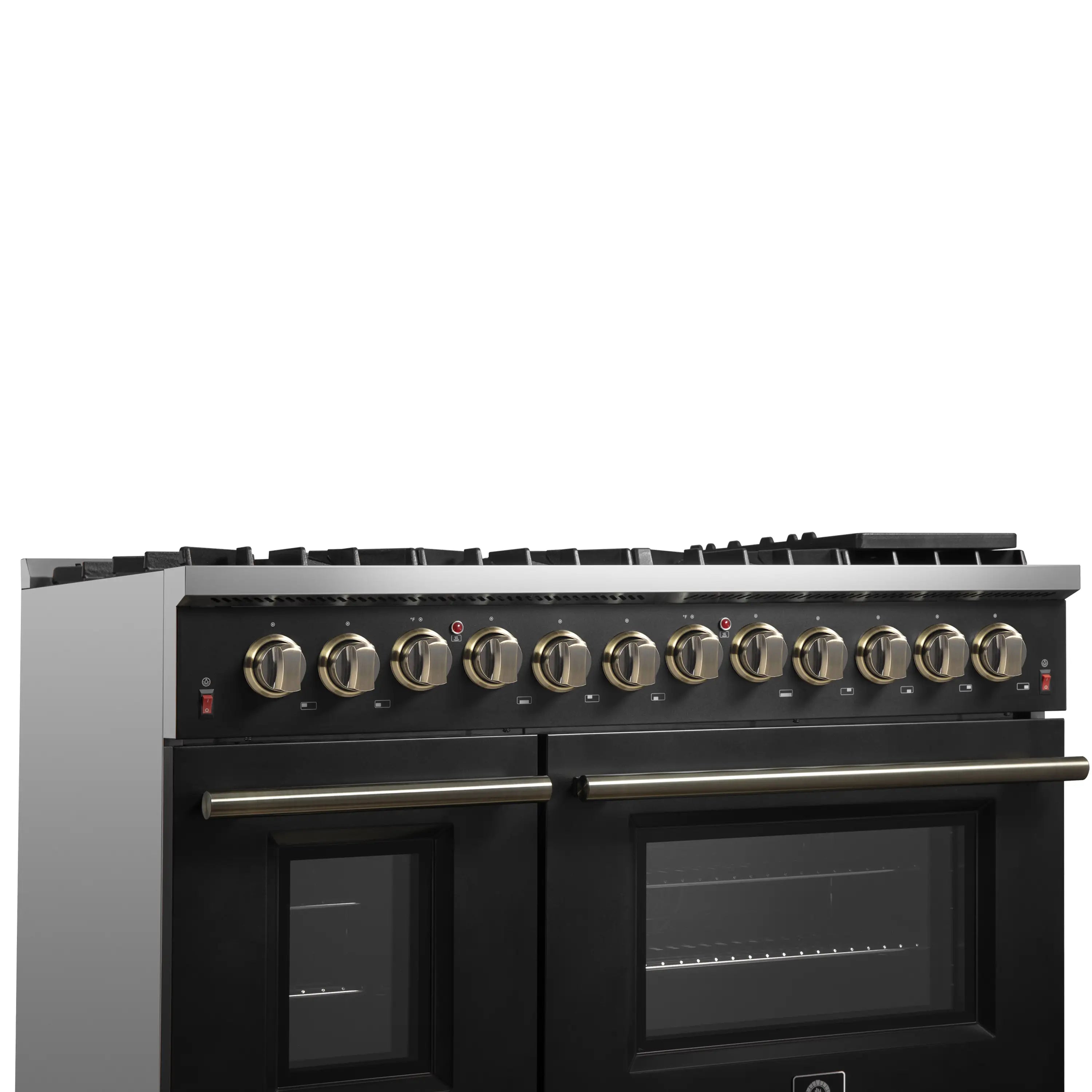Black dual-fuel range with antique brass control knobs and top burner grates