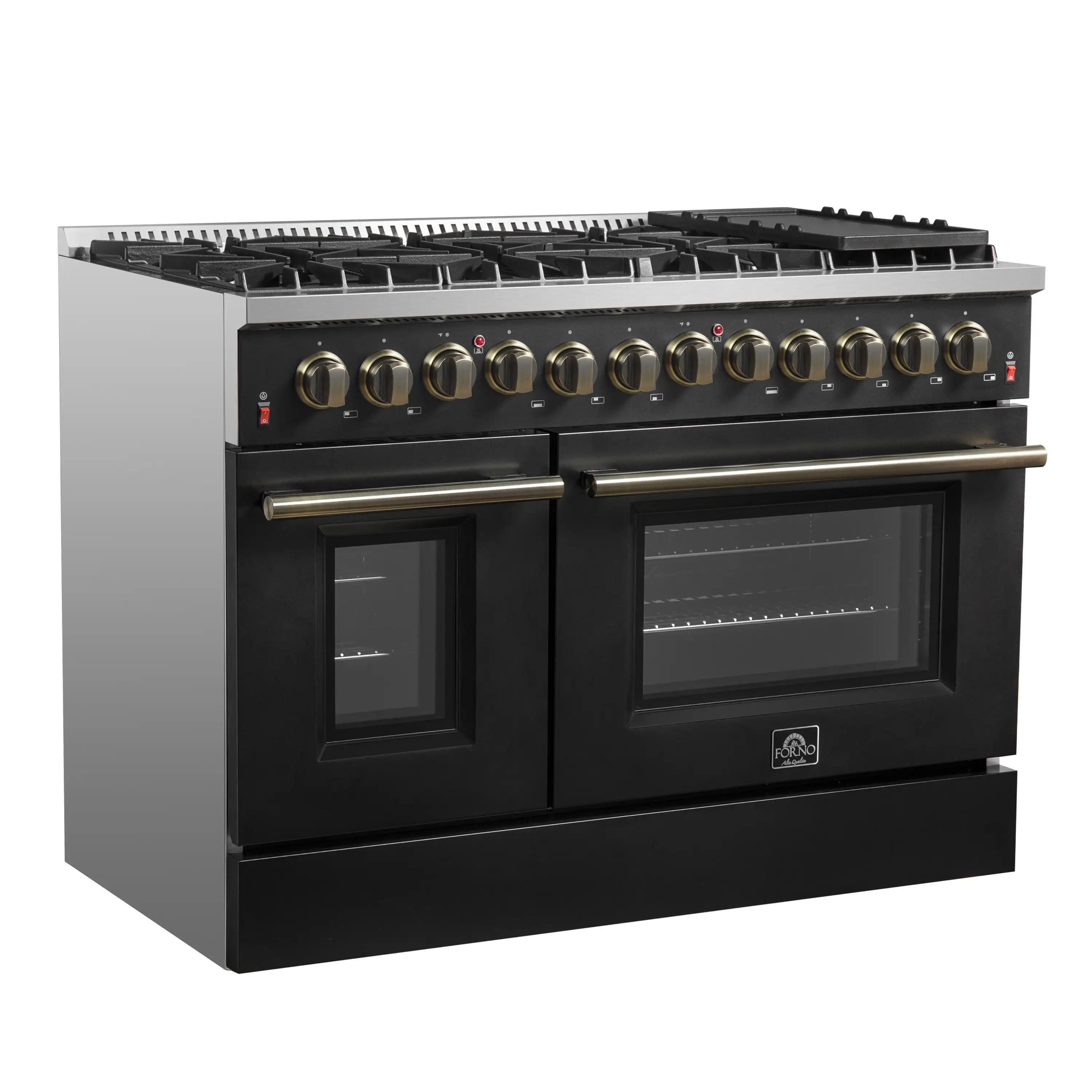 Forno Galiano dual fuel range front with brass knobs and two dark oven windows